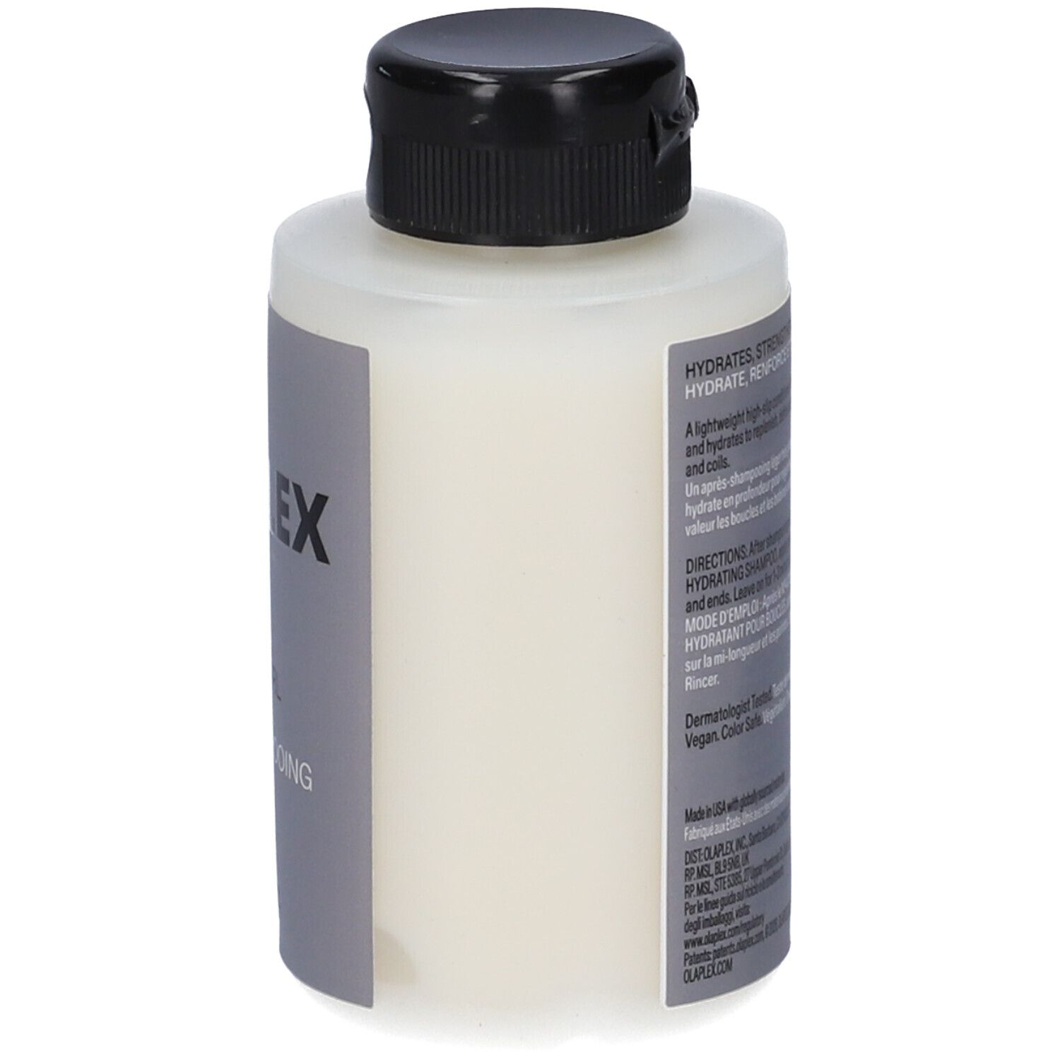 Flacone bianco con tappo nero a ribalta. Contiene un siero leggero e trasparente. Etichetta con "OLAPLEX" e "HAIR SERUM".