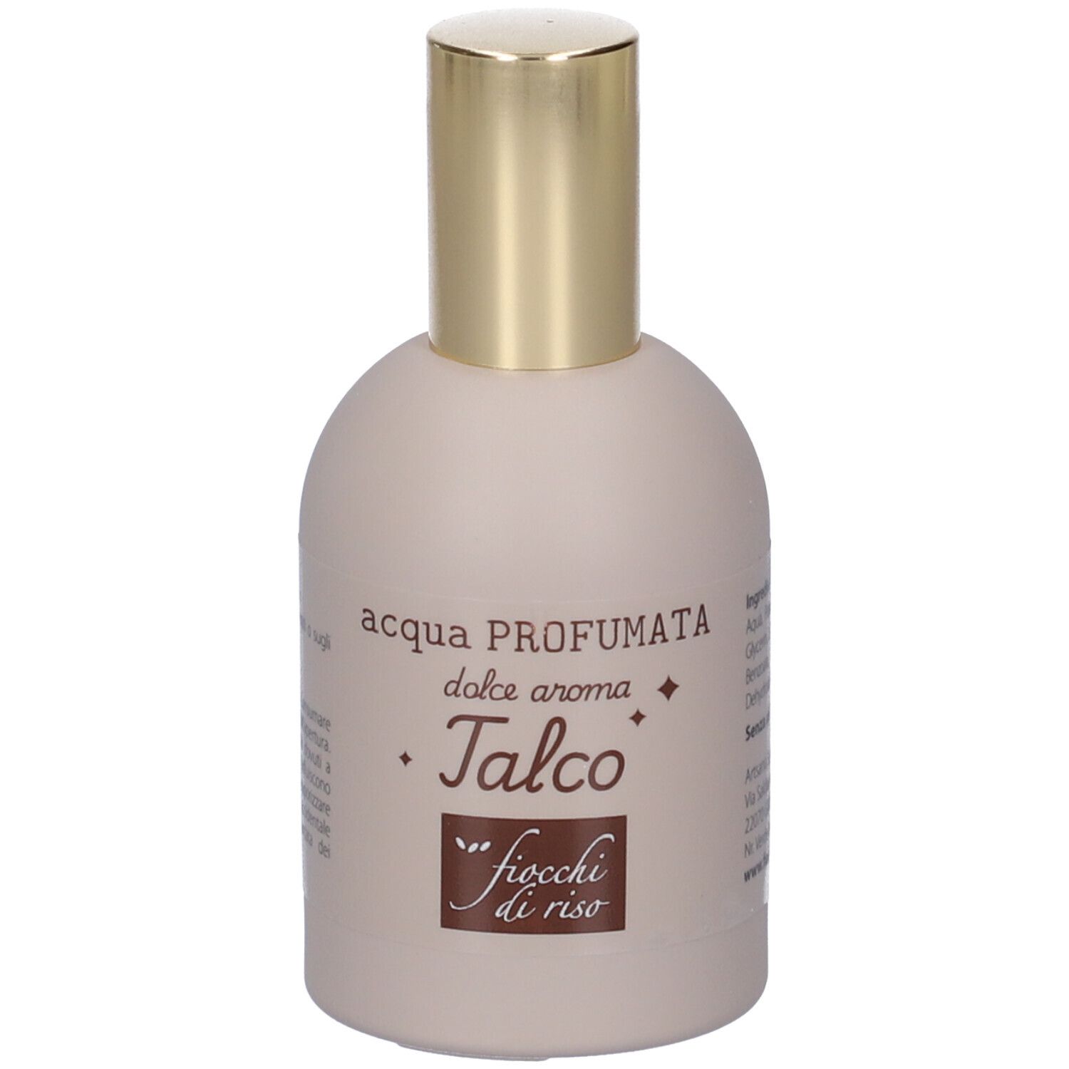 Flacone di acqua profumata con tappo dorato. Etichetta "Talco" e "fiocchi di riso".