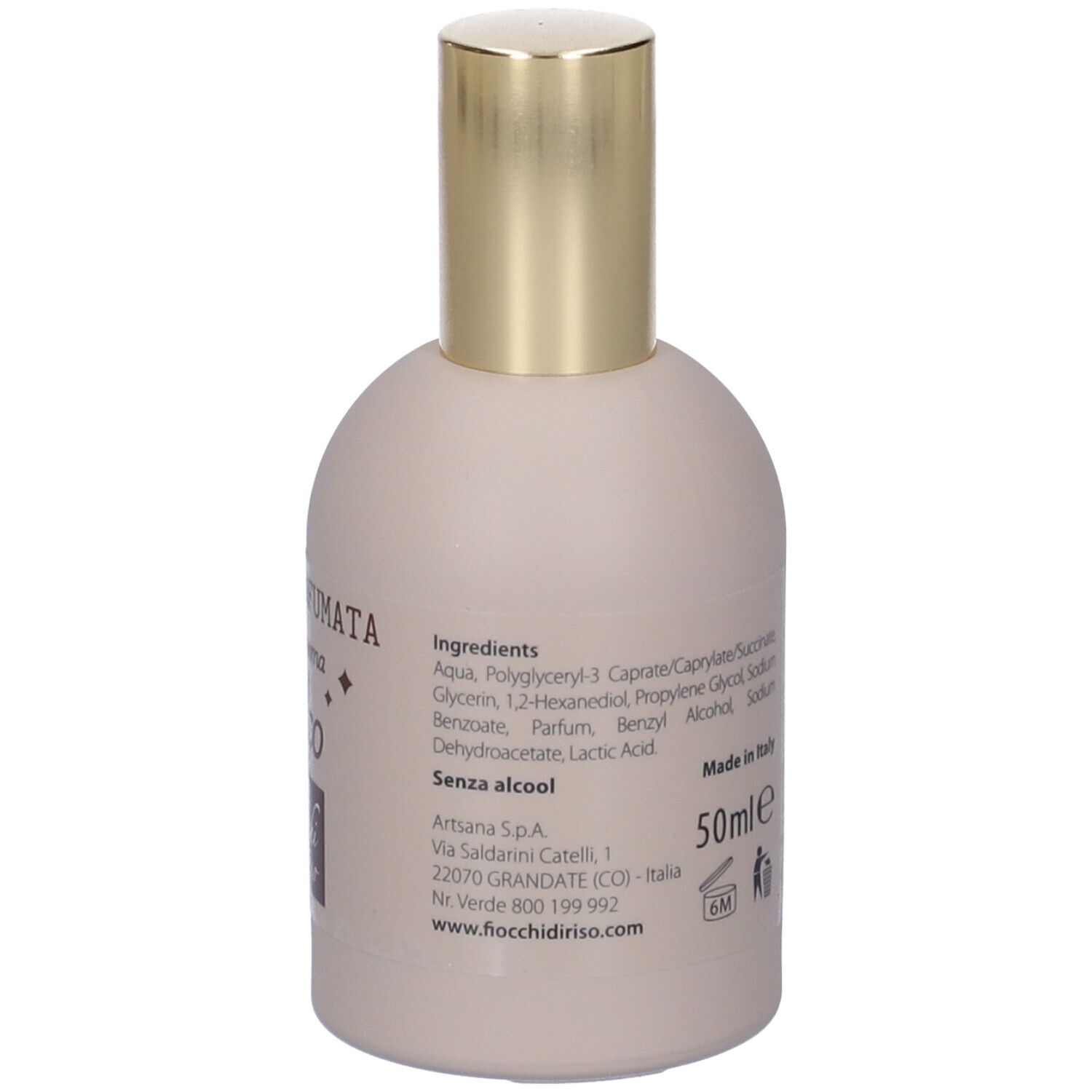 Flacone color crema con tappo dorato, 50ml, ingredienti e dati del produttore visibili.