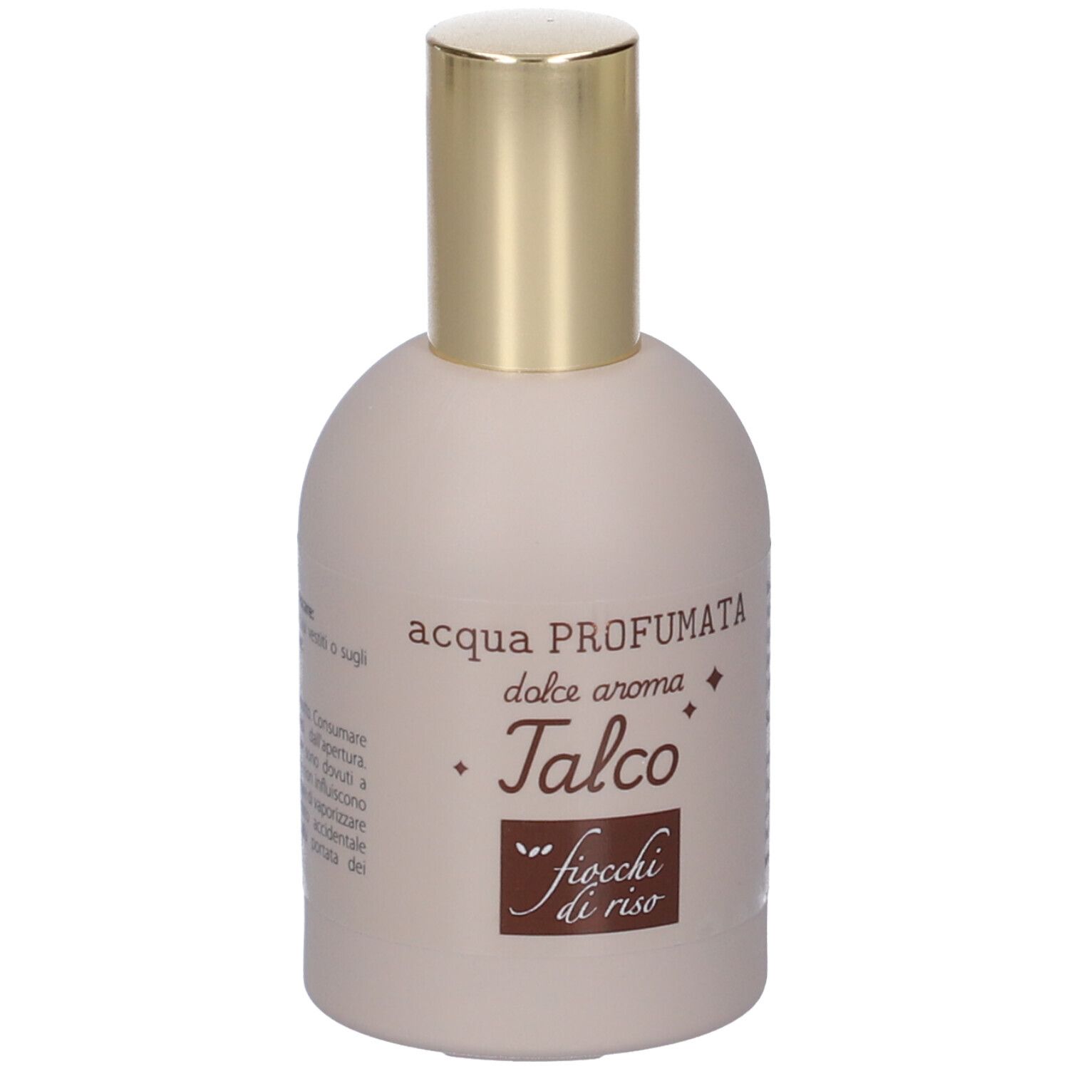 Flacone acqua profumata con tappo dorato. Etichetta "Talco" e "fior di riso".