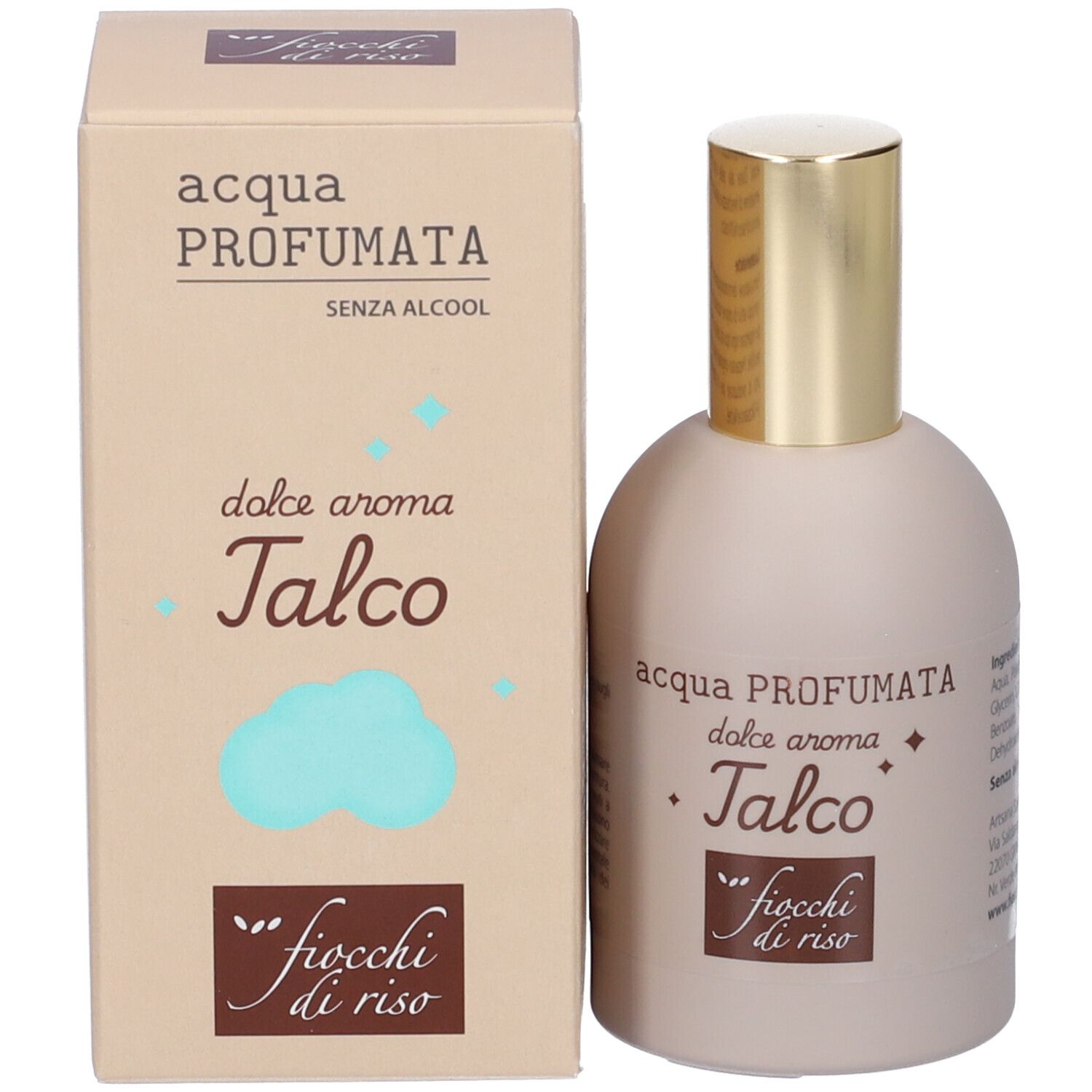 Acqua Profumata Talco, flacone acqua profumata con scatola. Scritte "Dolce aroma Talco" e "fiocchi di riso".