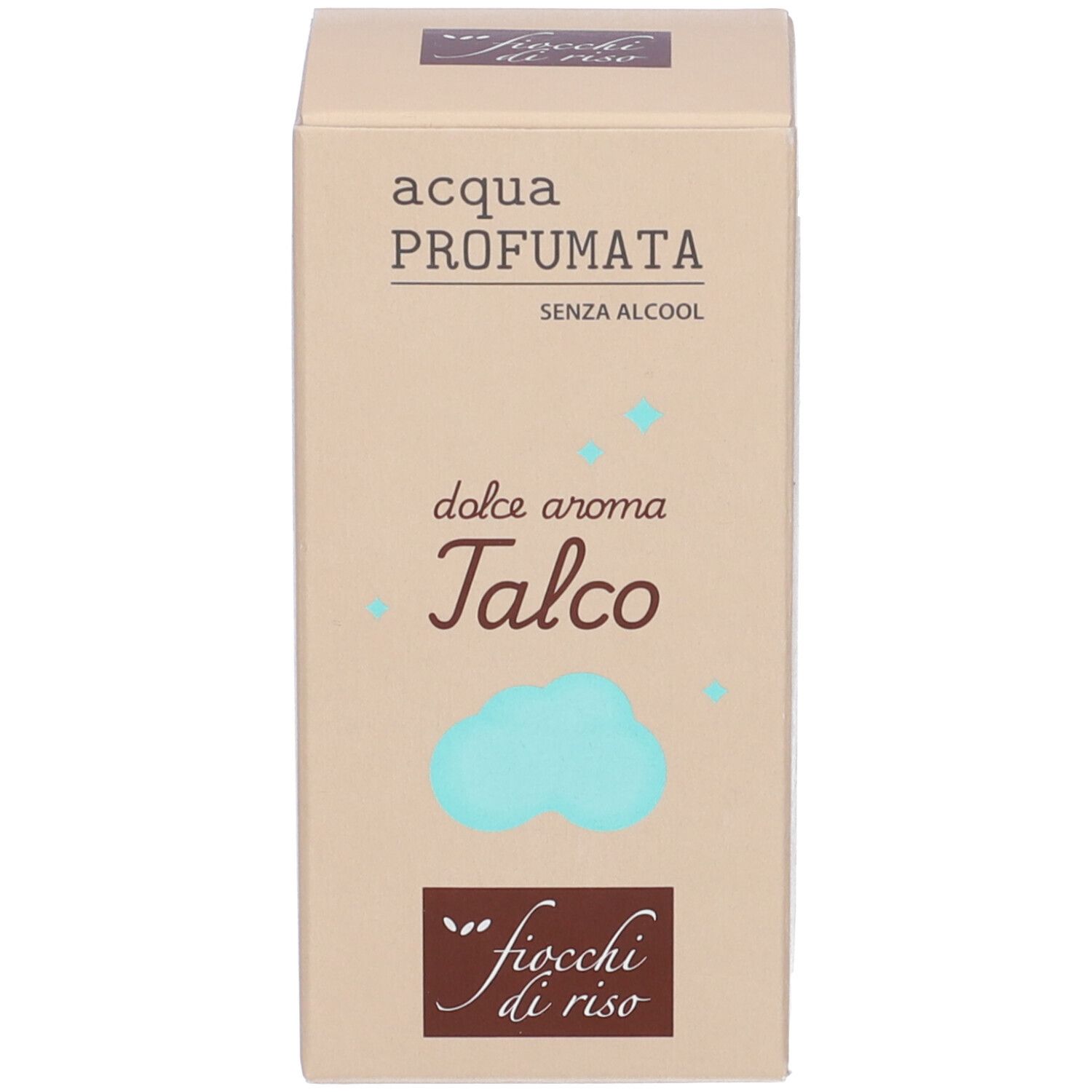 Confezione per "acqua profumata senza alcool" con scritta "dolce aroma Talco" e logo "fiocchi di riso".