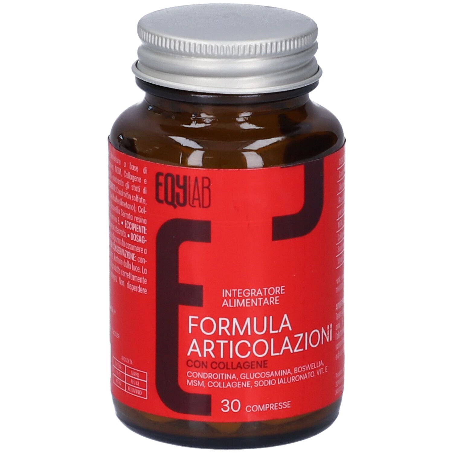 Flacone EQYLAB Formula Articolazioni Collagene con etichetta rossa che indica 30 compresse.