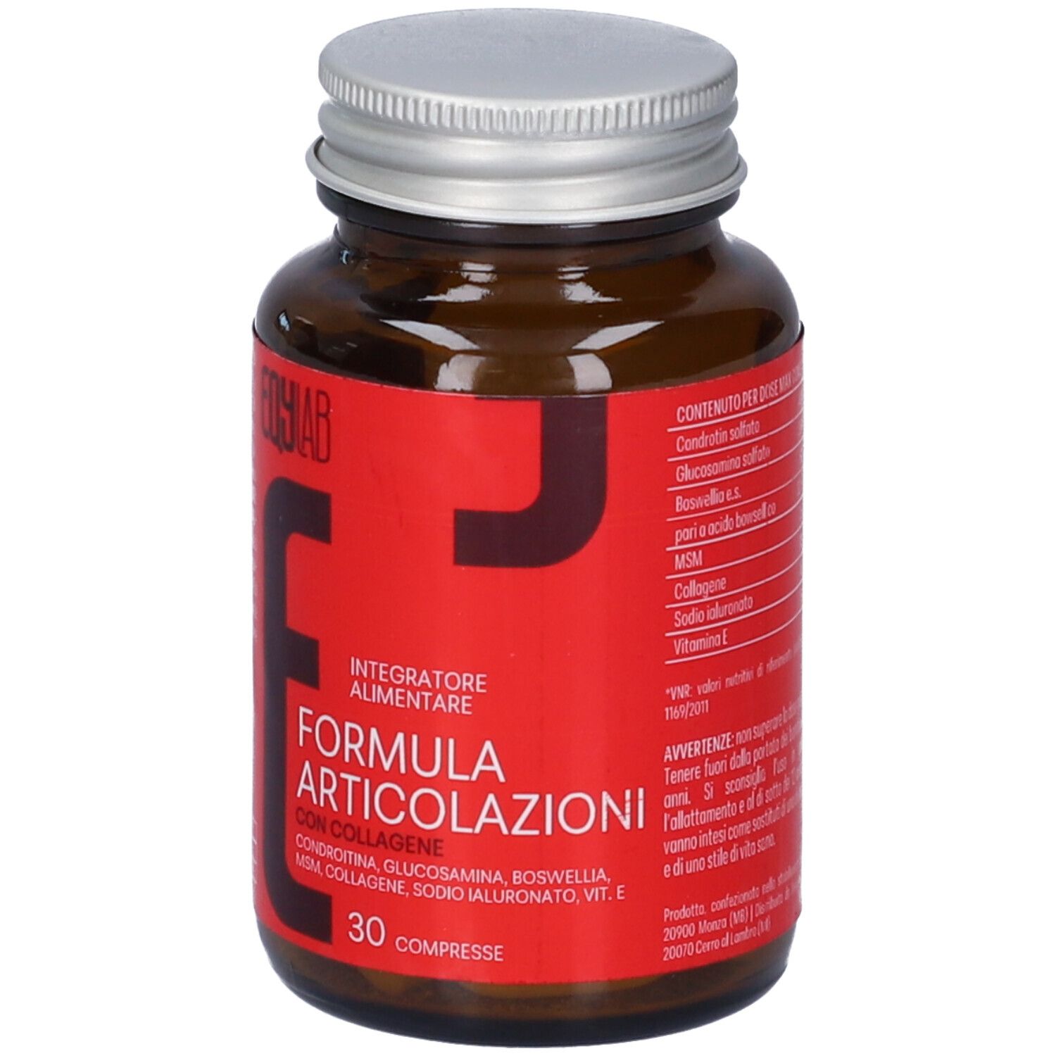 Flacone EQYLAB Formula Articolazioni Collagene con etichetta rossa che mostra ingredienti e 30 compresse.