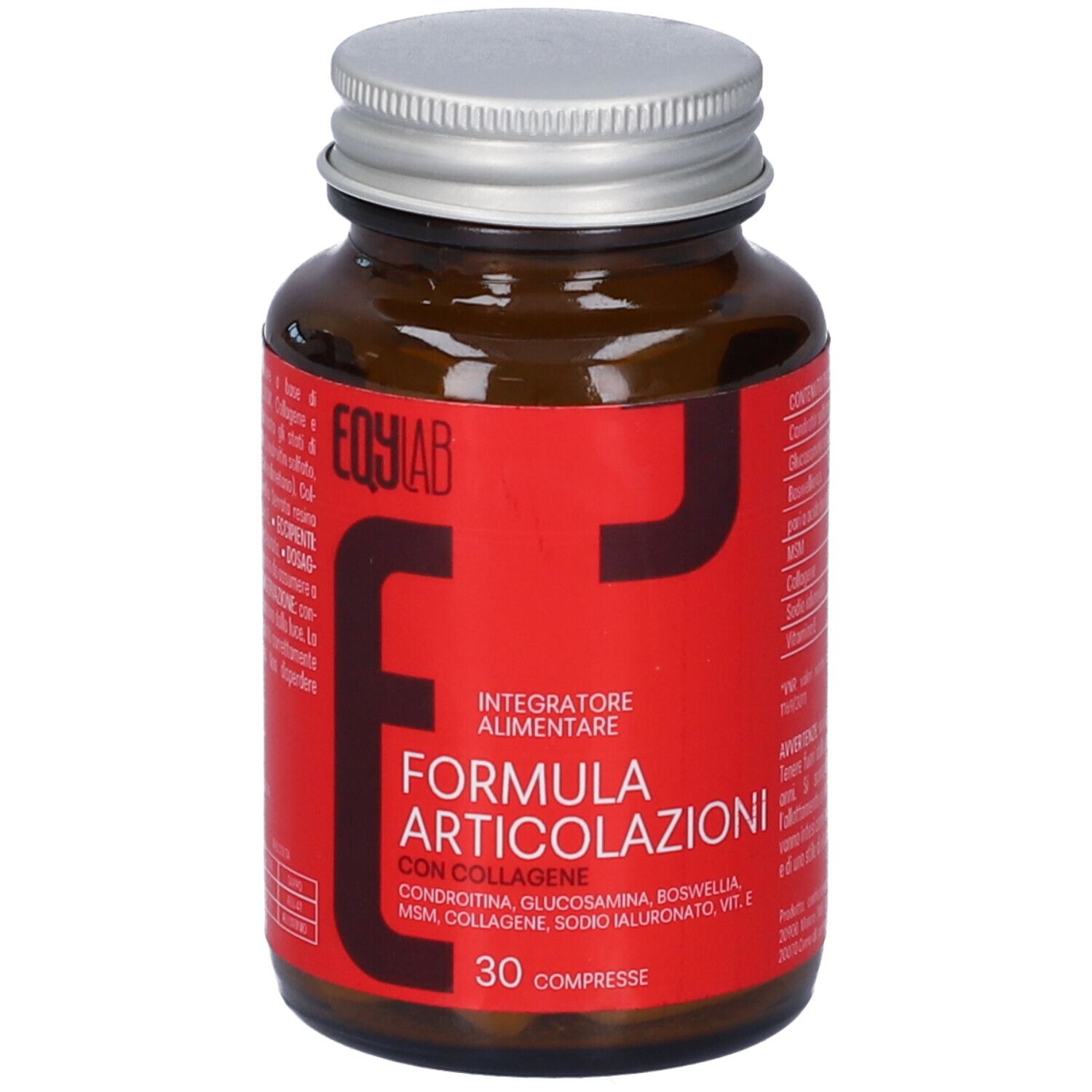 Flacone EQYLAB Formula Articolazioni Collagene con informazioni dettagliate sull'etichetta.
