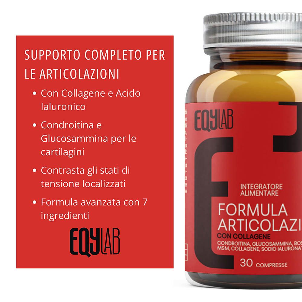 Flacone EQYLAB Formula Articolazioni Collagene accanto a una casella rossa con i benefici del prodotto.