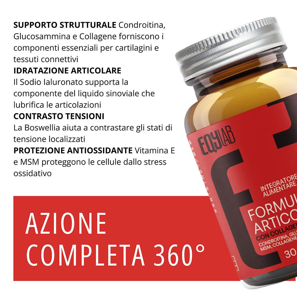 Flacone EQYLAB Formula Articolazioni Collagene con informazioni dettagliate sul prodotto su sfondo rosso.