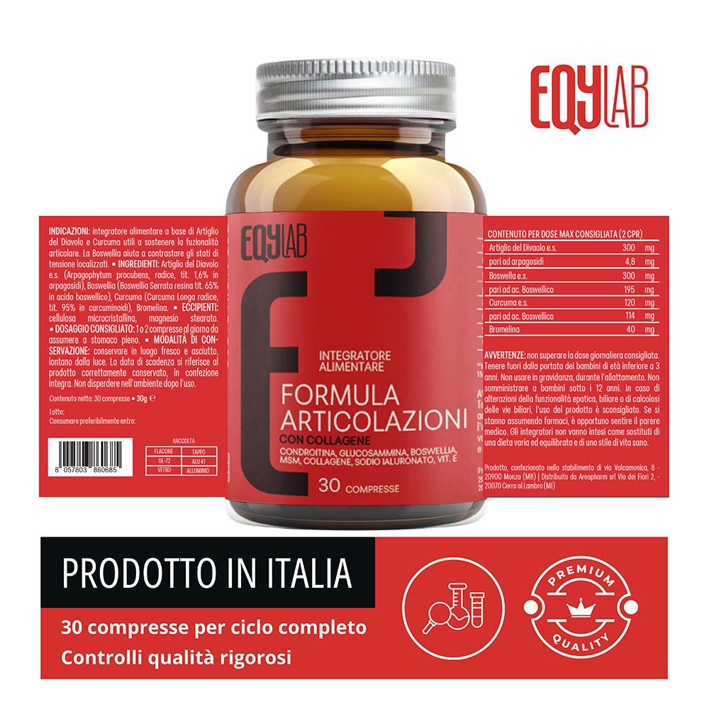 Flacone EQYLAB Formula Articolazioni Collagene con informazioni prodotto, codice a barre e marchi di qualità.
