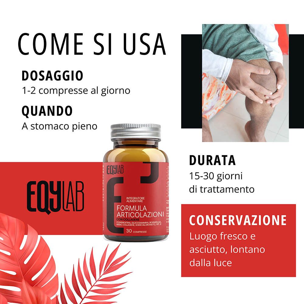 Flacone EQYLAB Formula Articolazioni Collagene accanto alla dimostrazione d'uso e conservazione.