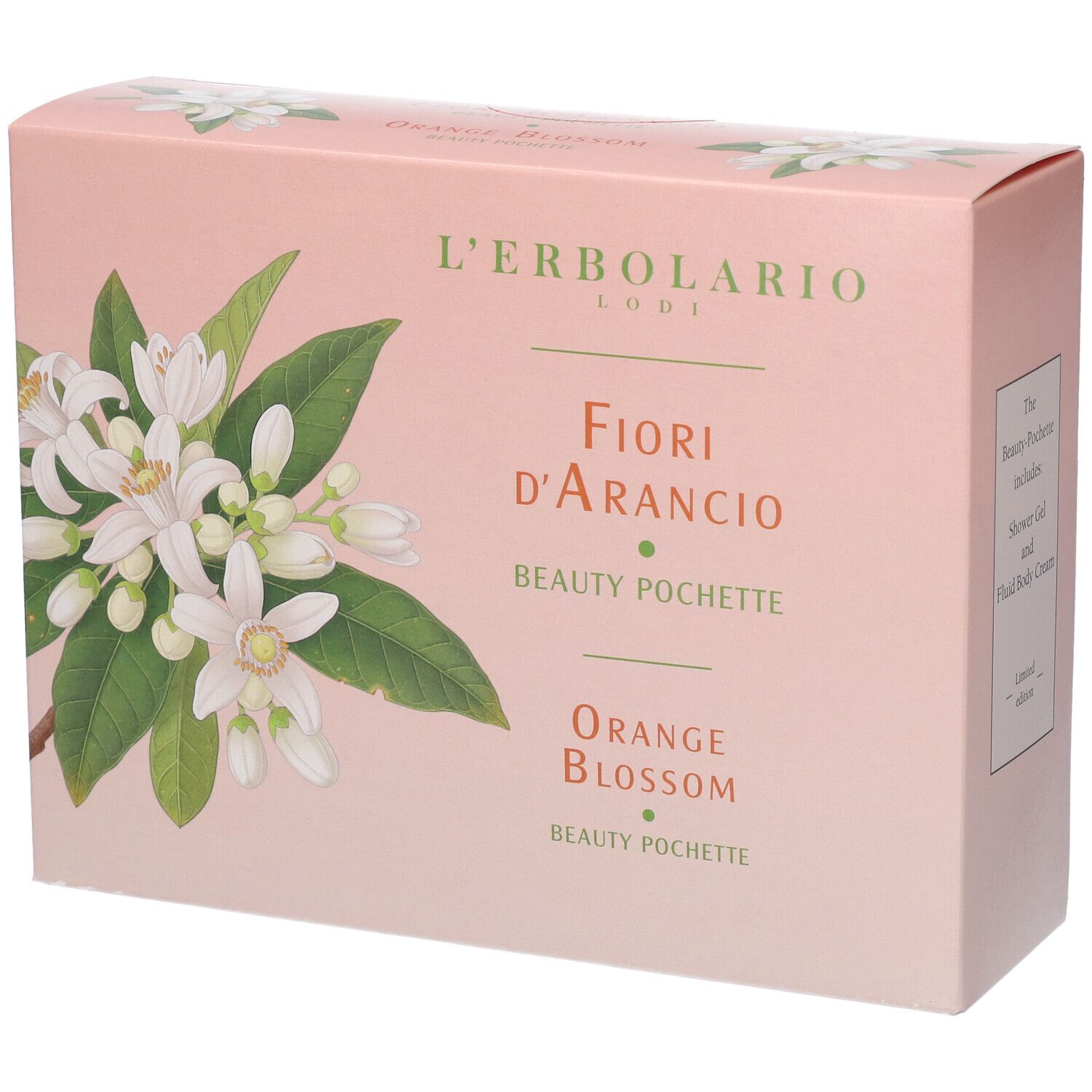 L'Erbolario Beauty Pochette Fiori d'Arancio: Scatola rosa con motivo di fiori d'arancio e nome del prodotto.