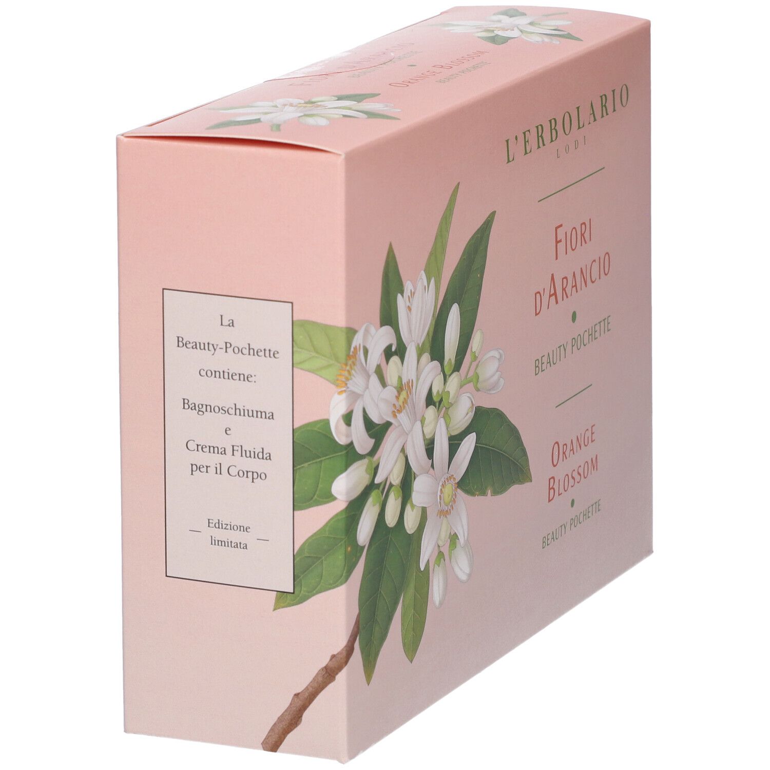 L'Erbolario Beauty Pochette Fiori d'Arancio: Vista laterale della scatola rosa con motivo di fiori d'arancio.