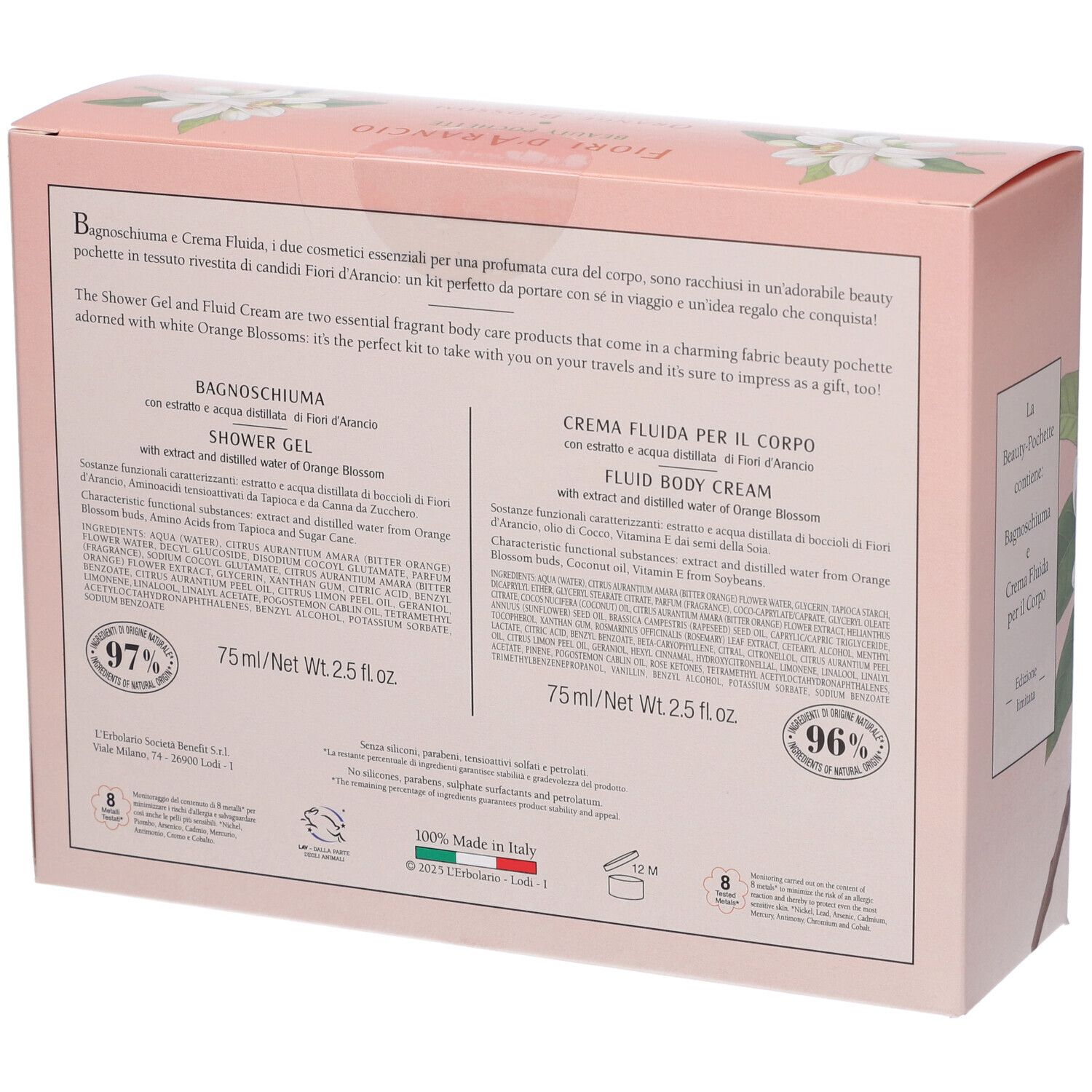 Retro della Beauty Pochette L'Erbolario Fiori d'Arancio: Contiene bagnoschiuma e crema fluida, 75ml.