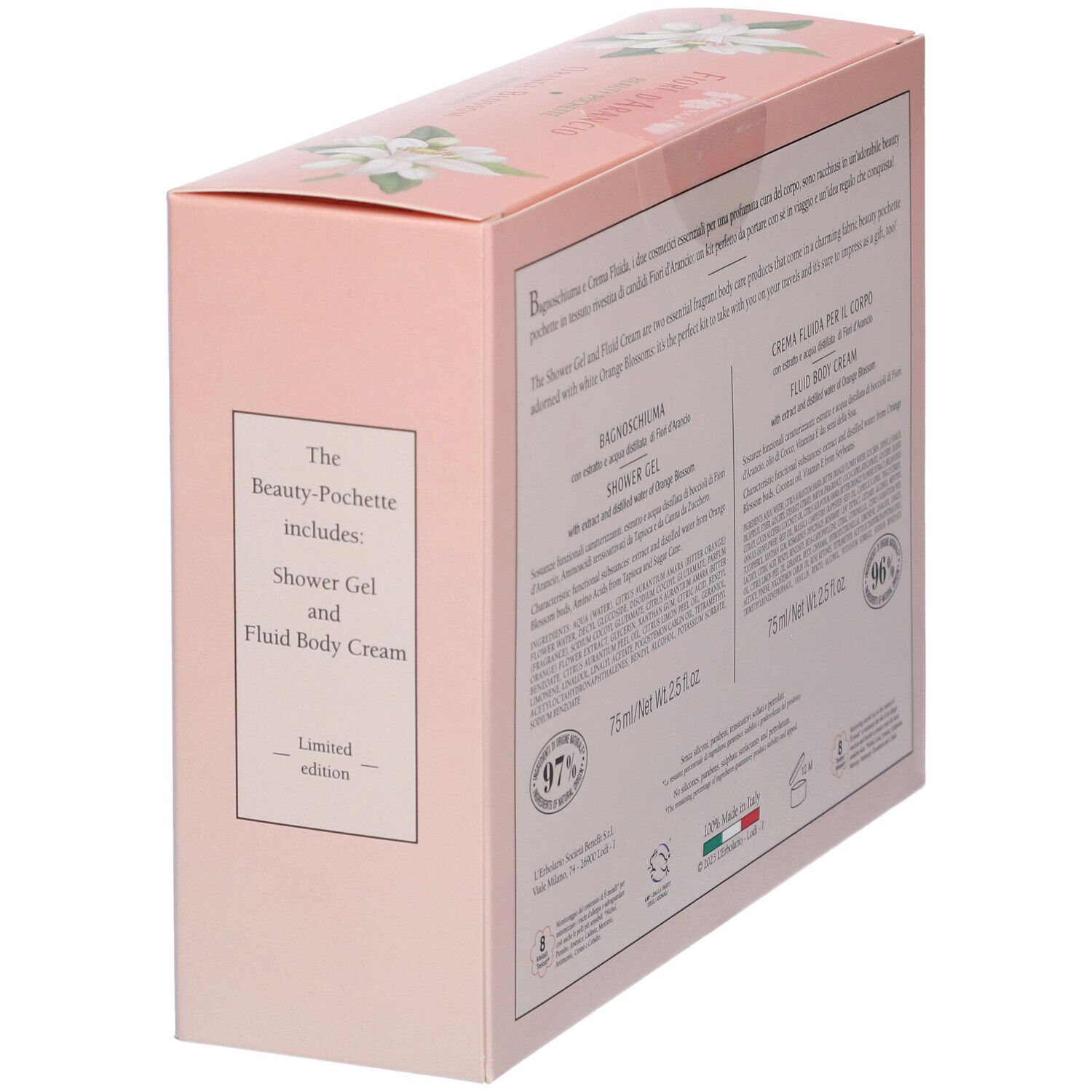 L'Erbolario Beauty Pochette Fiori d'Arancio: Vista laterale con scritta 'Edizione limitata'.