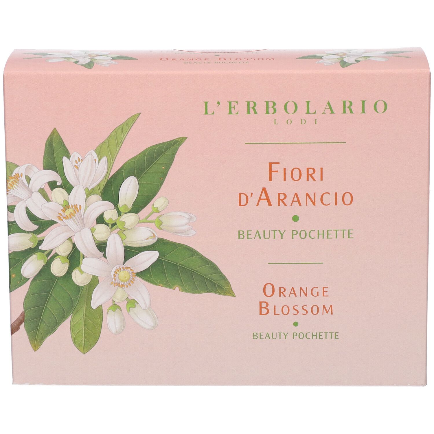 L'Erbolario Beauty Pochette Fiori d'Arancio: Scatola rosa con motivo di fiori d'arancio e nome del prodotto.