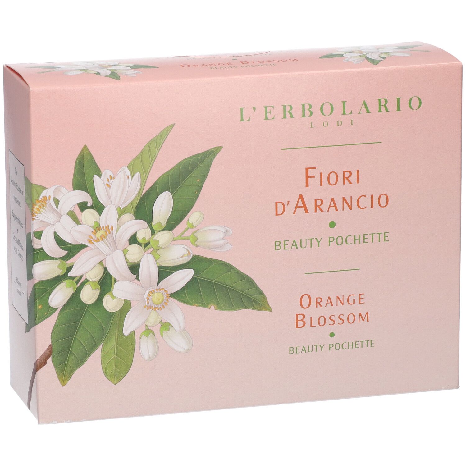 L'Erbolario Beauty Pochette Fiori d'Arancio: Scatola rosa con motivo di fiori d'arancio e nome del prodotto.