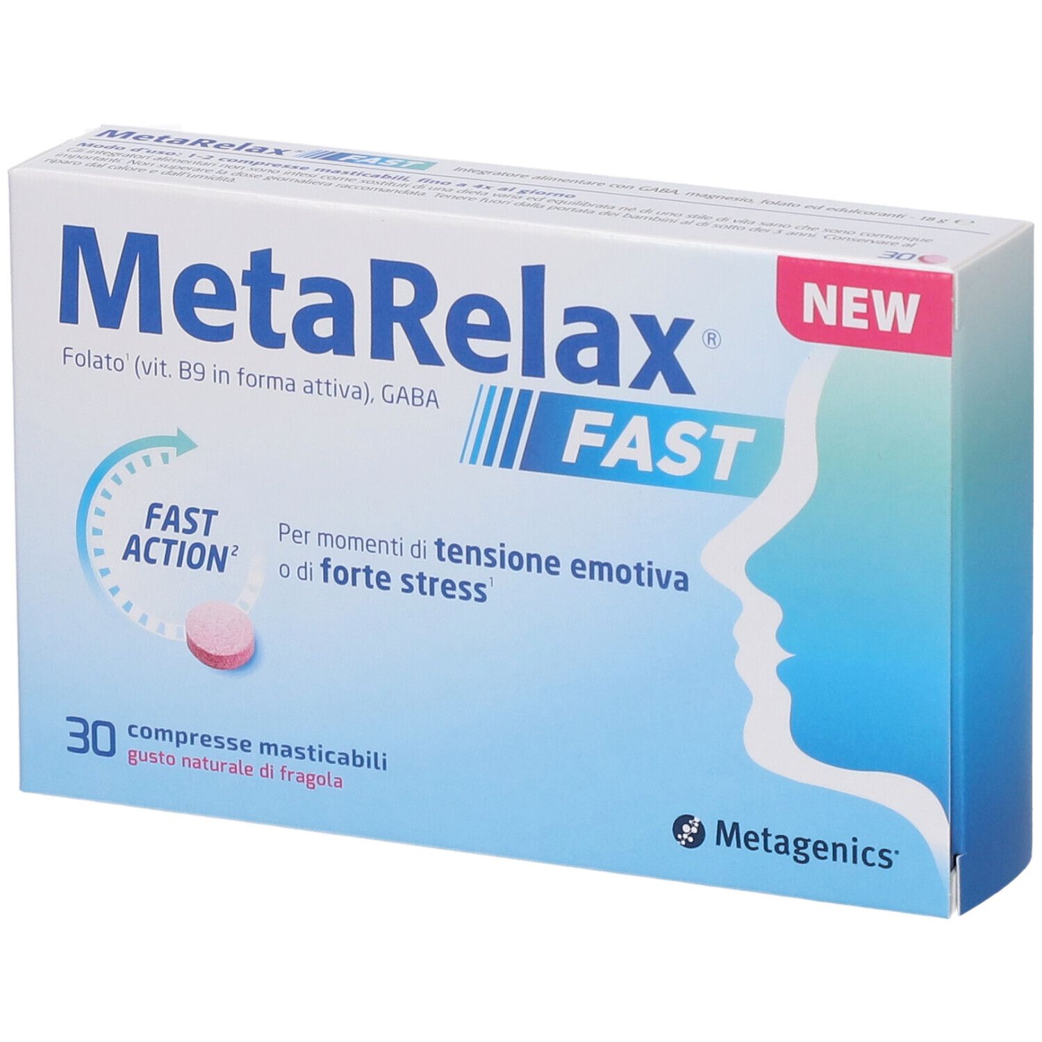 Confezione di Metarelax Fast, 30 compresse masticabili, gusto fragola.