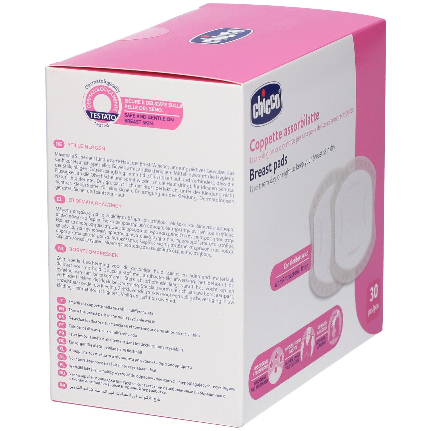 Verpackung mit 30 Chicco Still-Einlagen, dermatologisch getestet.