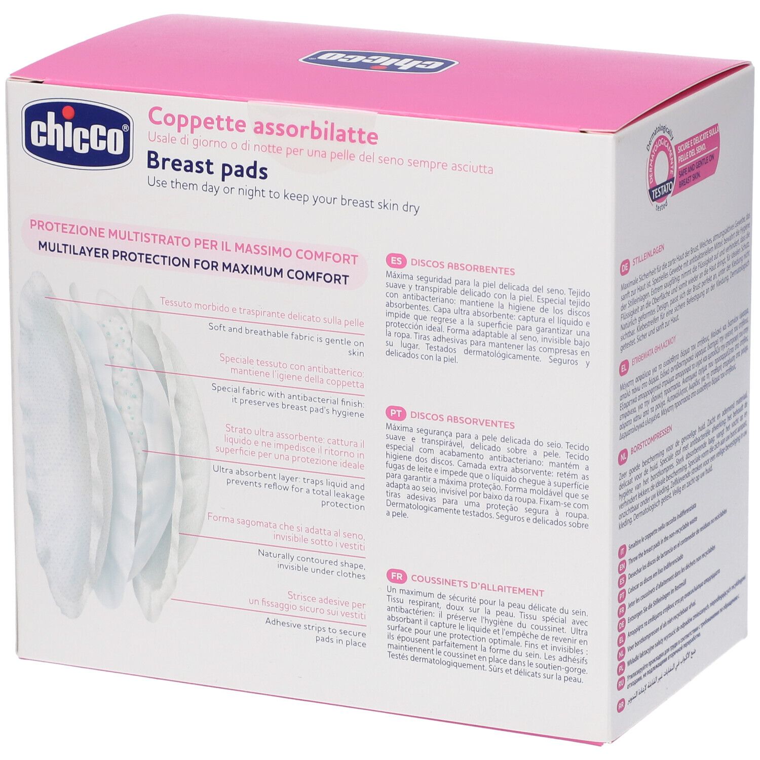 Chicco Brustpads-Verpackung mit mehrschichtigem Schutz für maximalen Komfort.
