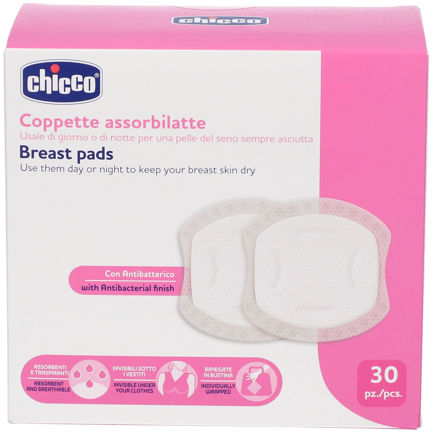Chicco Brustpads, 30 Stück, mit antibakteriellem Finish.
