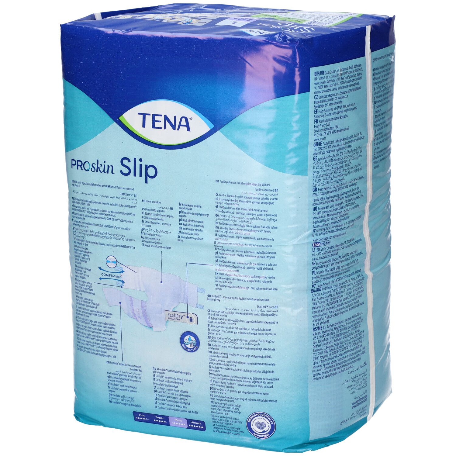 TENA Proskin Slip Inkontinenz-Pants im Großpack, mit detaillierten Anwendungshinweisen und Produktmerkmalen.