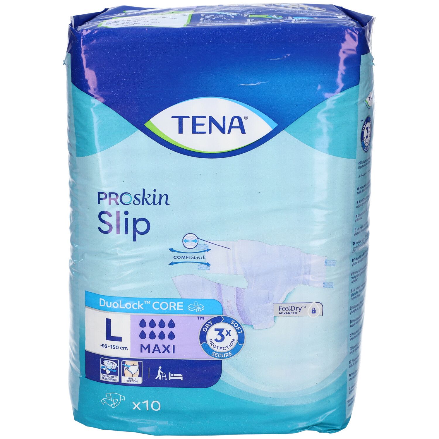TENA PROSKIN SLIP Maxi L Inkontinenz-Einlagen, 10 Stück, Vorderseite mit Details.