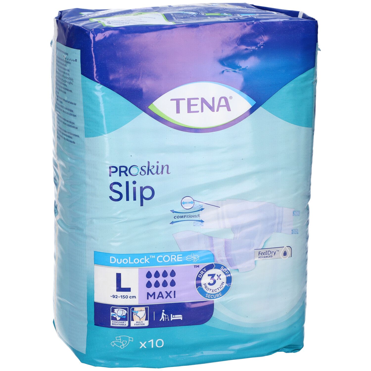 TENA PROSKIN SLIP Maxi L Inkontinenz-Einlagen, 10 Stück, Vorderseite.