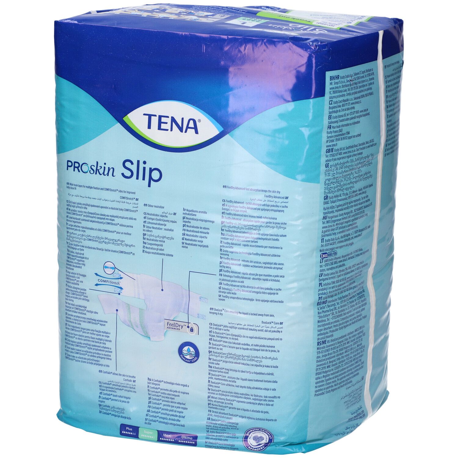 Vista laterale degli assorbenti TENA ProSkin Slip Super, taglia L, 10 pezzi.