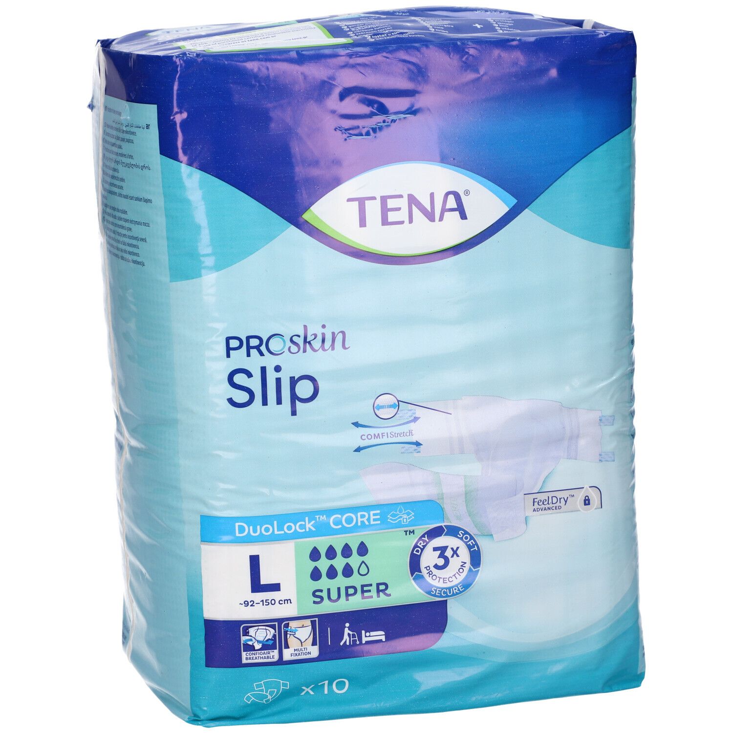 Fronte della confezione TENA ProSkin Slip Super, taglia L, 10 pezzi. Con indicatore di comfort.