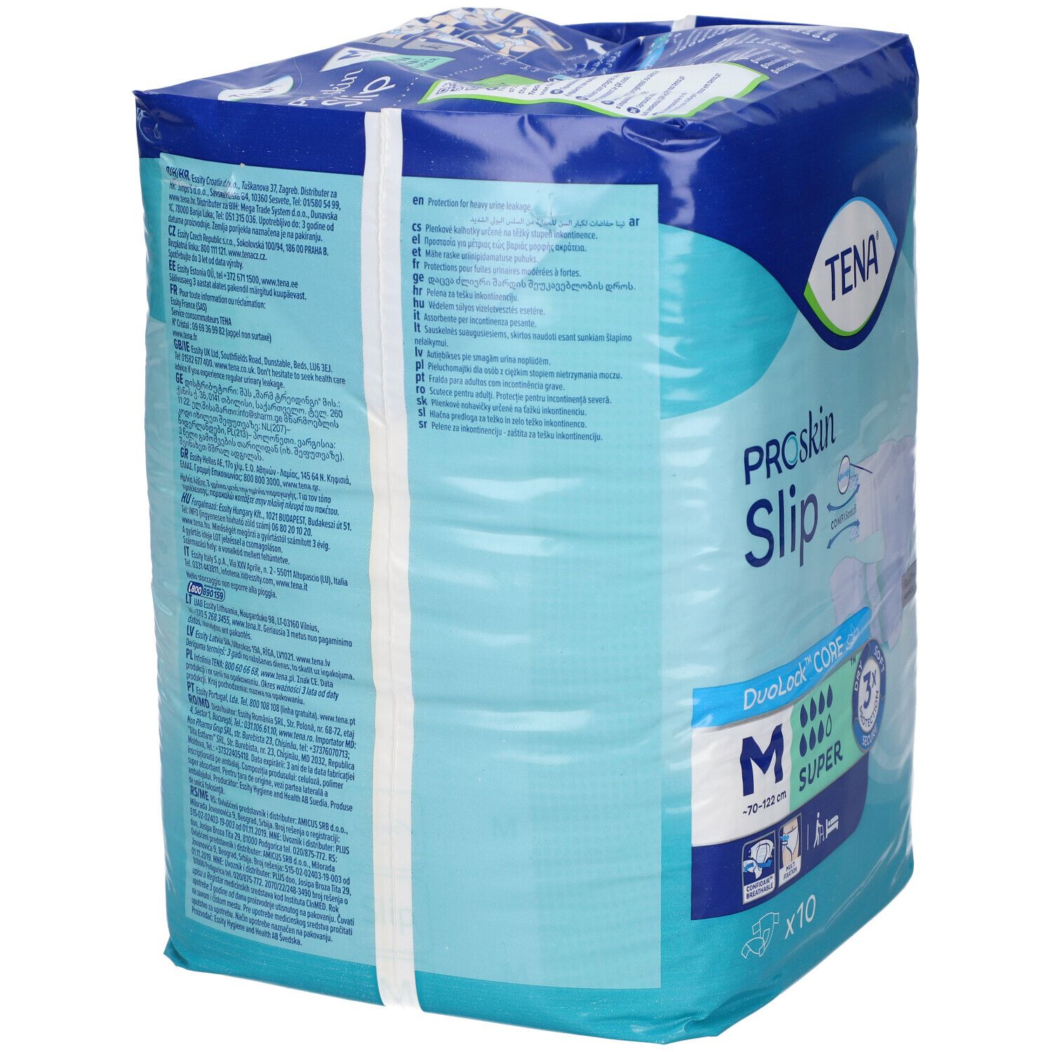 Tena ProSkin Slip Super, taglia M, 10 pezzi. Retro con informazioni sul prodotto.