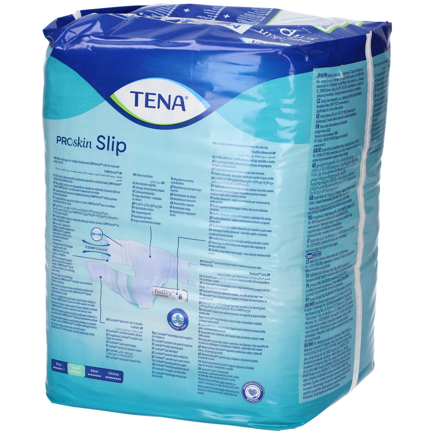 Tena ProSkin Slip Super, taglia M, 10 pezzi. Fronte con illustrazione prodotto.