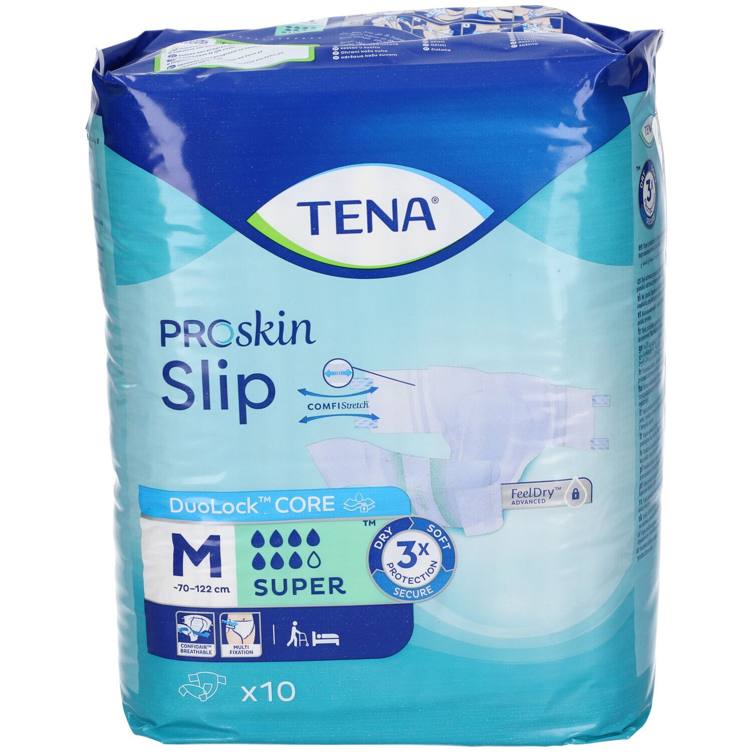 Tena ProSkin Slip Super, taglia M, 10 pezzi. Fronte con illustrazione prodotto e dettagli.