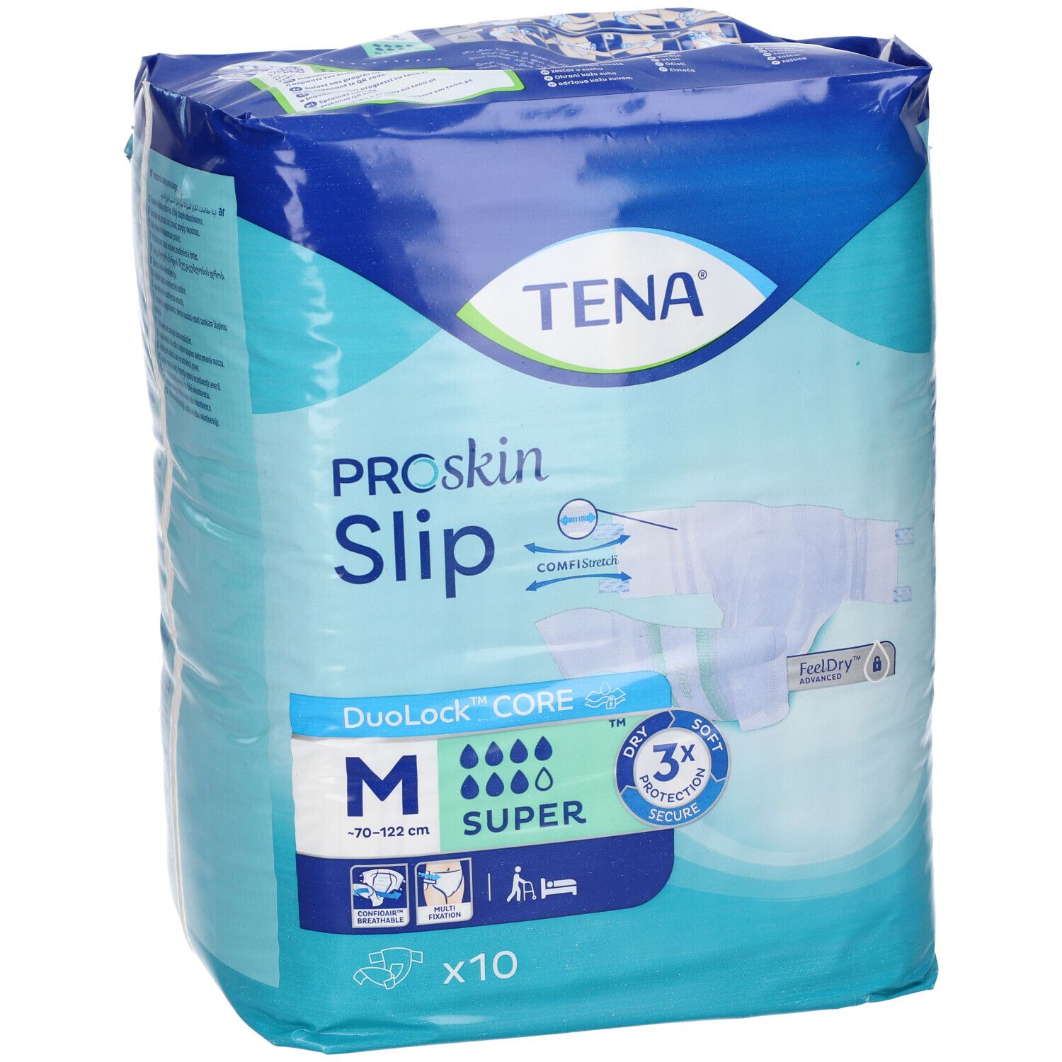 Tena ProSkin Slip Super, taglia M, 10 pezzi. Fronte con illustrazione prodotto e dettagli.
