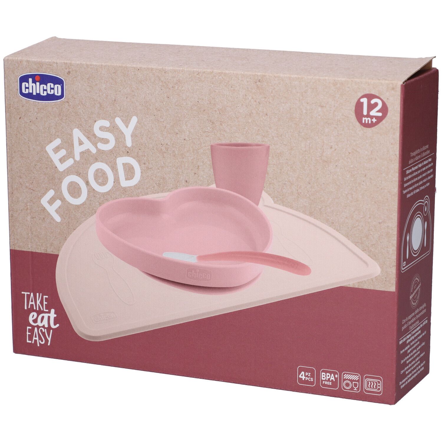 Set Chicco Easy Food: Ciotola rosa a forma di cuore con cucchiaio, bicchiere e tovaglietta. Da 12 mesi.