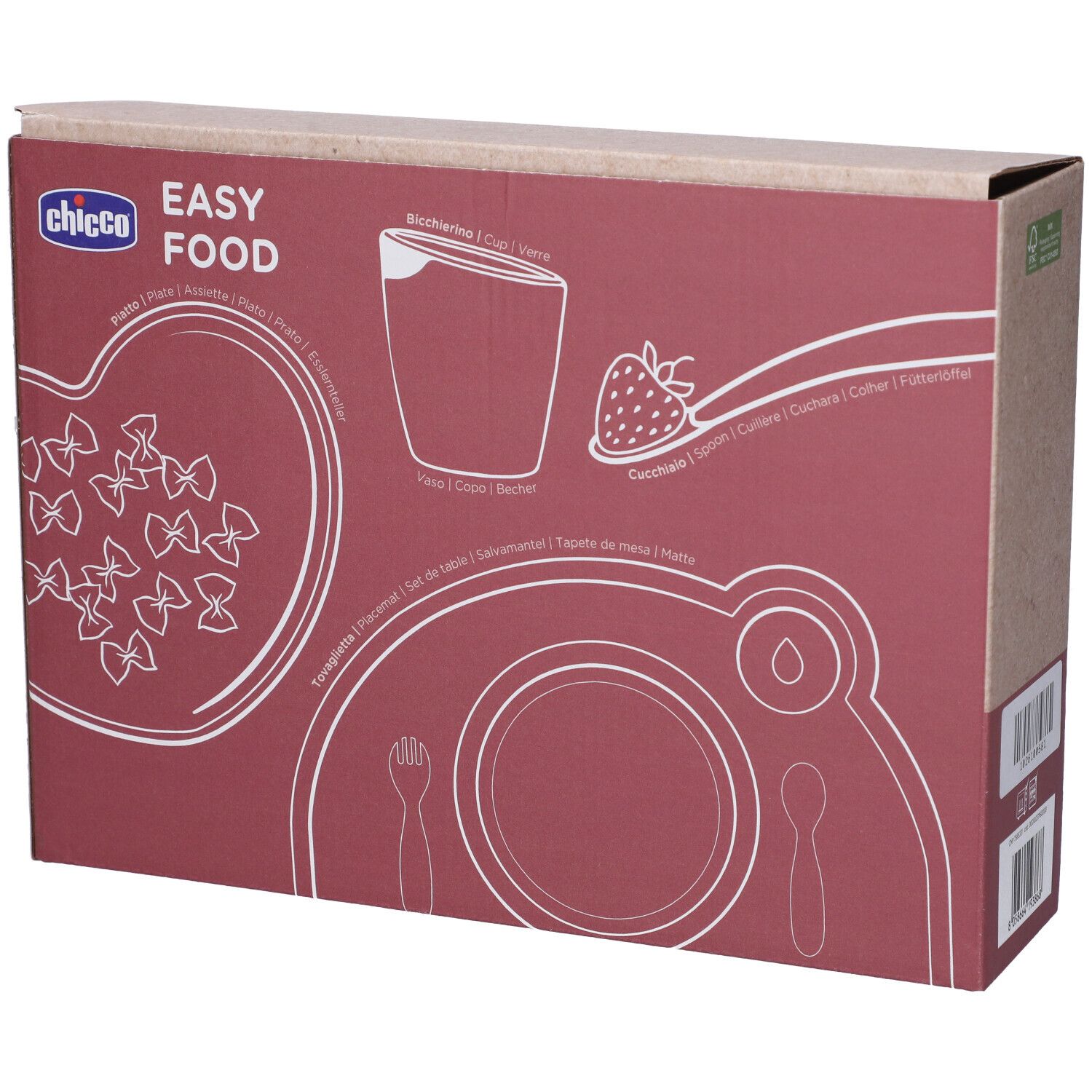 Scatola Chicco Easy Food con illustrazioni di stoviglie e alimenti per bambini.