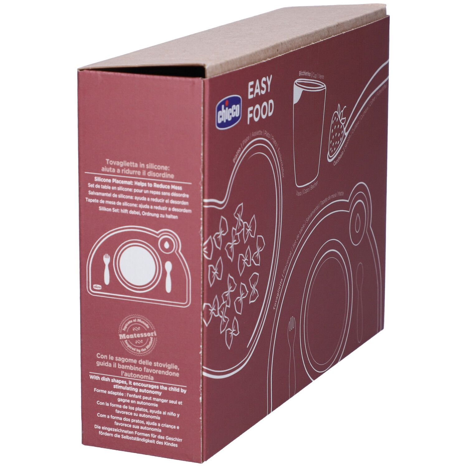Confezione Chicco Easy Food per tovaglietta in silicone con illustrazioni di posate e cibo.