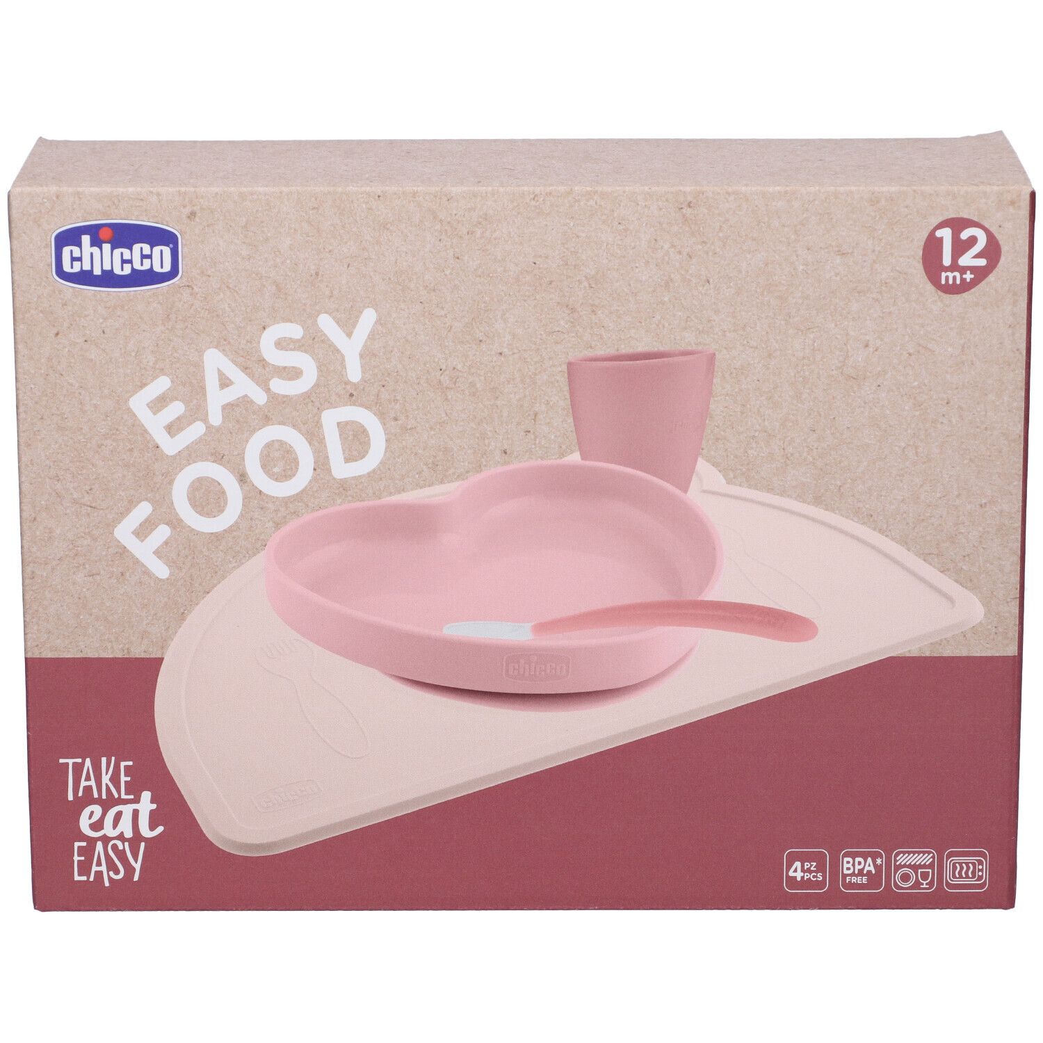 Set Chicco Easy Food: Ciotola rosa a forma di cuore con cucchiaio, bicchiere e tappetino. Da 12 mesi.