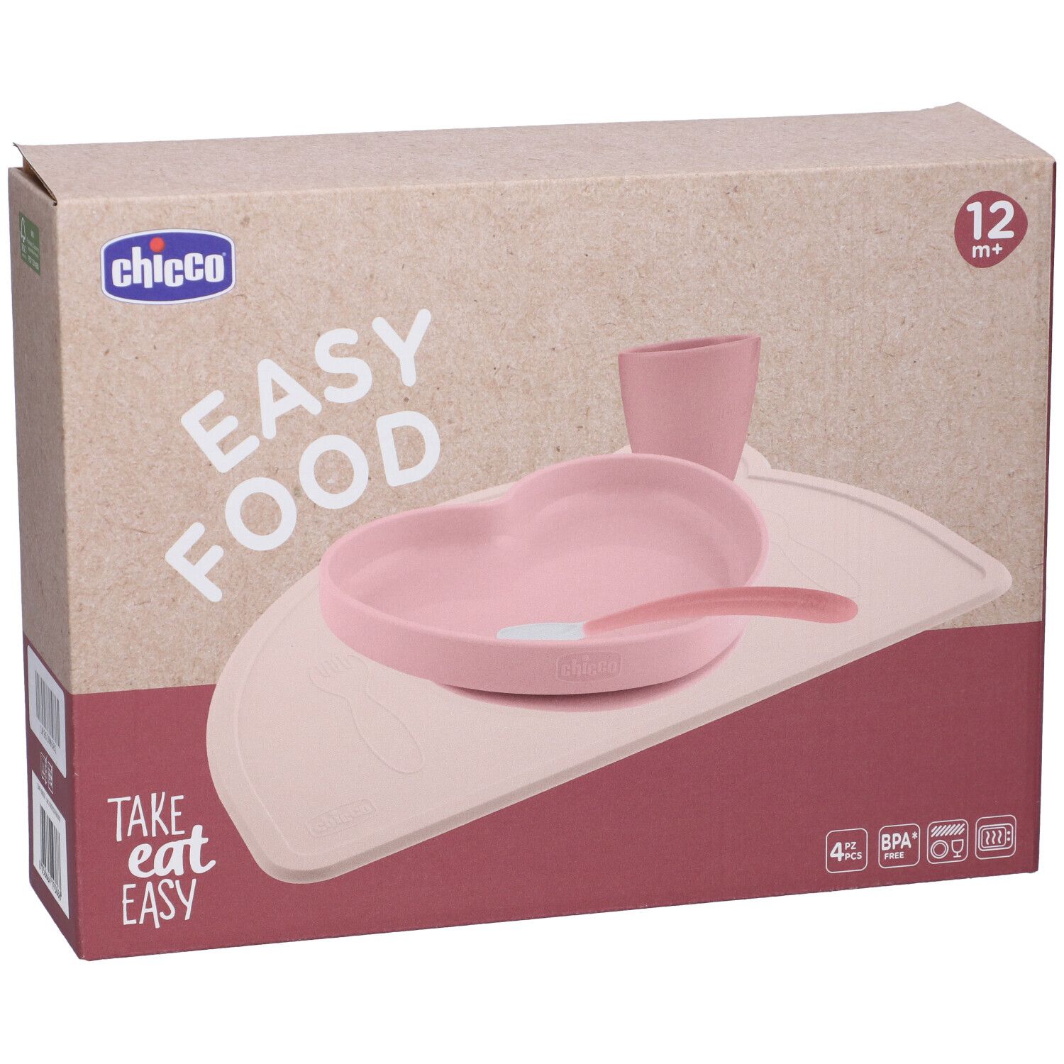 Set Chicco Easy Food: Ciotola rosa a forma di cuore, cucchiaio, bicchiere e tappetino.