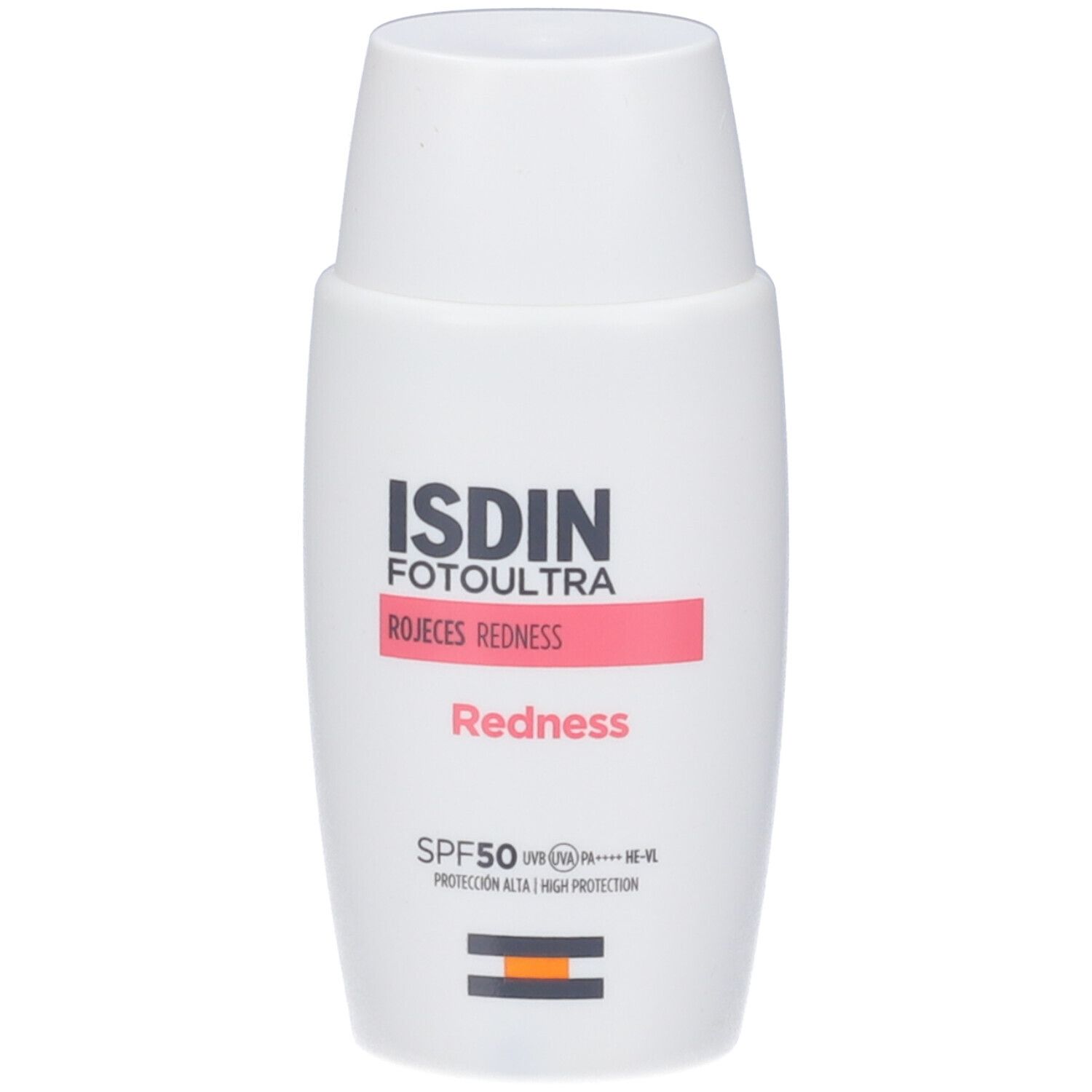 Weiße Flasche mit roter Beschriftung. Text: ISDIN Fotoultra, Redness, SPF 50. Orangefarbener Streifen.