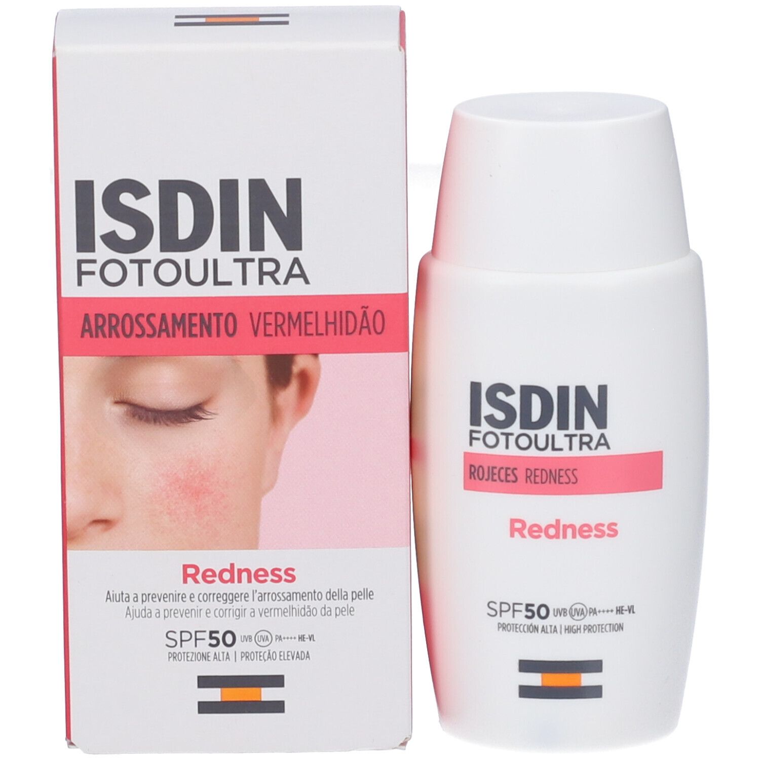 Produkt und Verpackung. Weiße Flasche neben Karton. Text: ISDIN Fotoultra, Redness, SPF 50. Abbildung eines Gesichts.