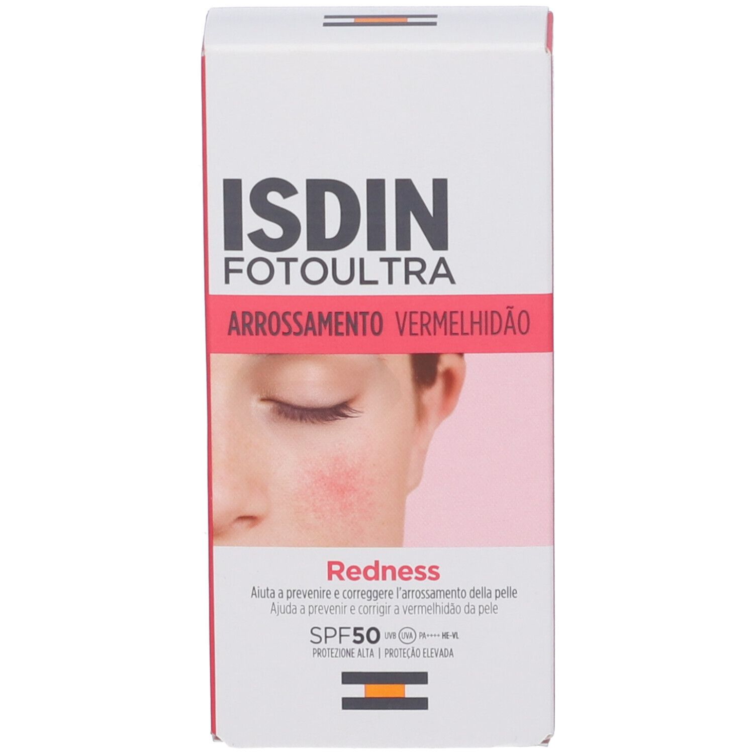 Kartonverpackung. Text: ISDIN Fotoultra, Redness, SPF 50. Abbildung eines Gesichts mit Rötung.