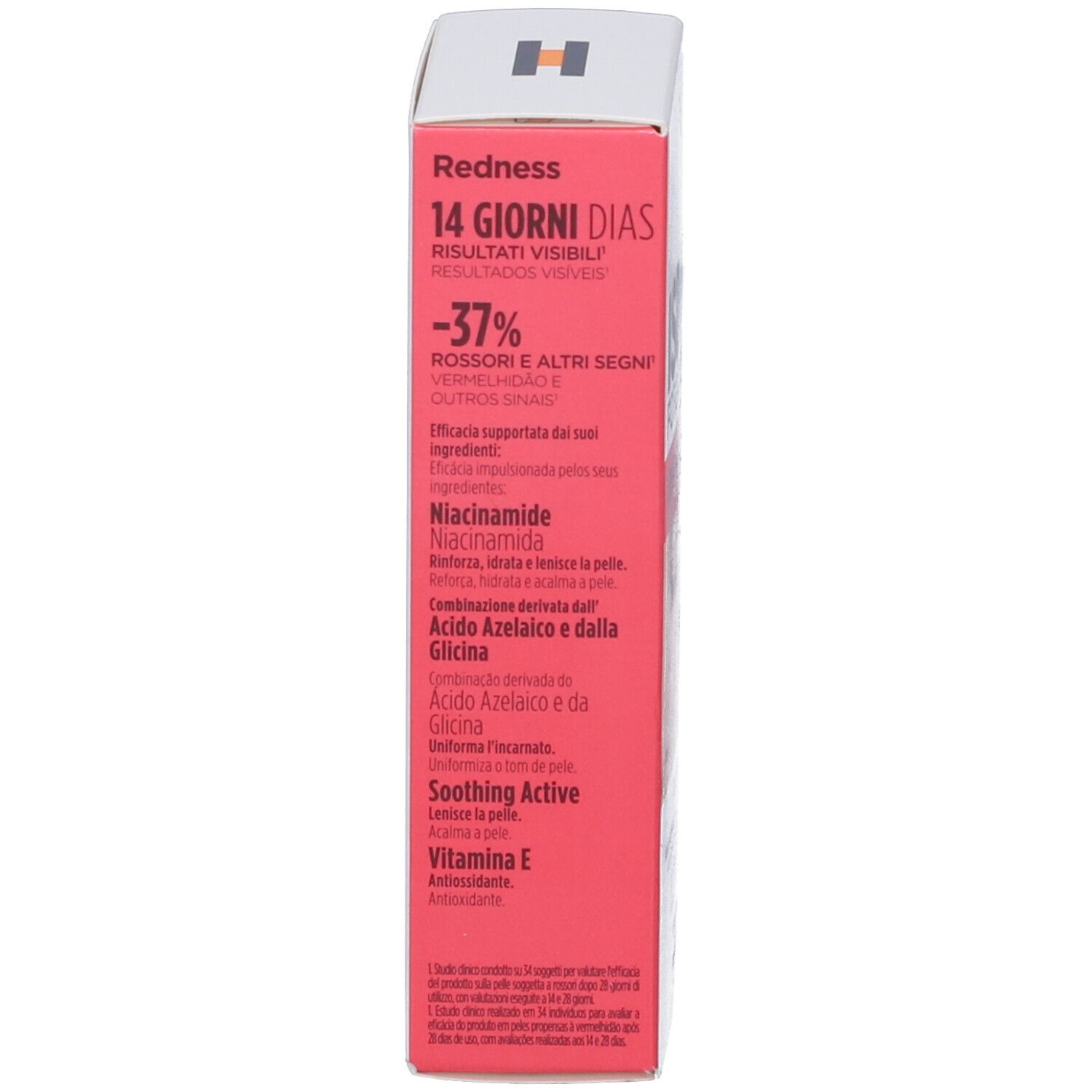 Seite der Kartonverpackung. Text: 14 GIORNI DIAS, -37% Rötungen. Inhaltsstoffe und Informationen.