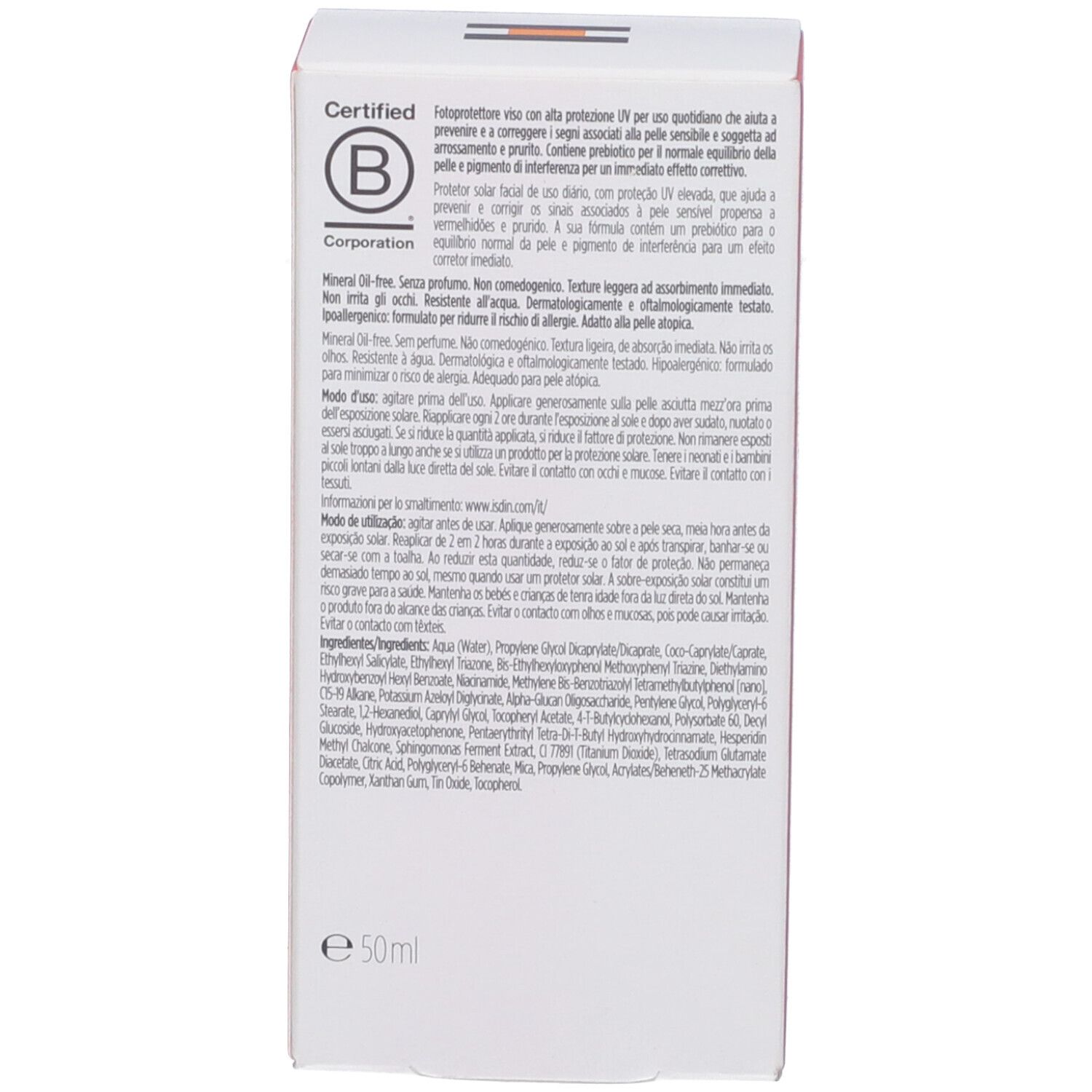 Seite der Kartonverpackung. Text: Zertifiziert B Corporation. Inhaltsstoffe und Anwendungshinweise.