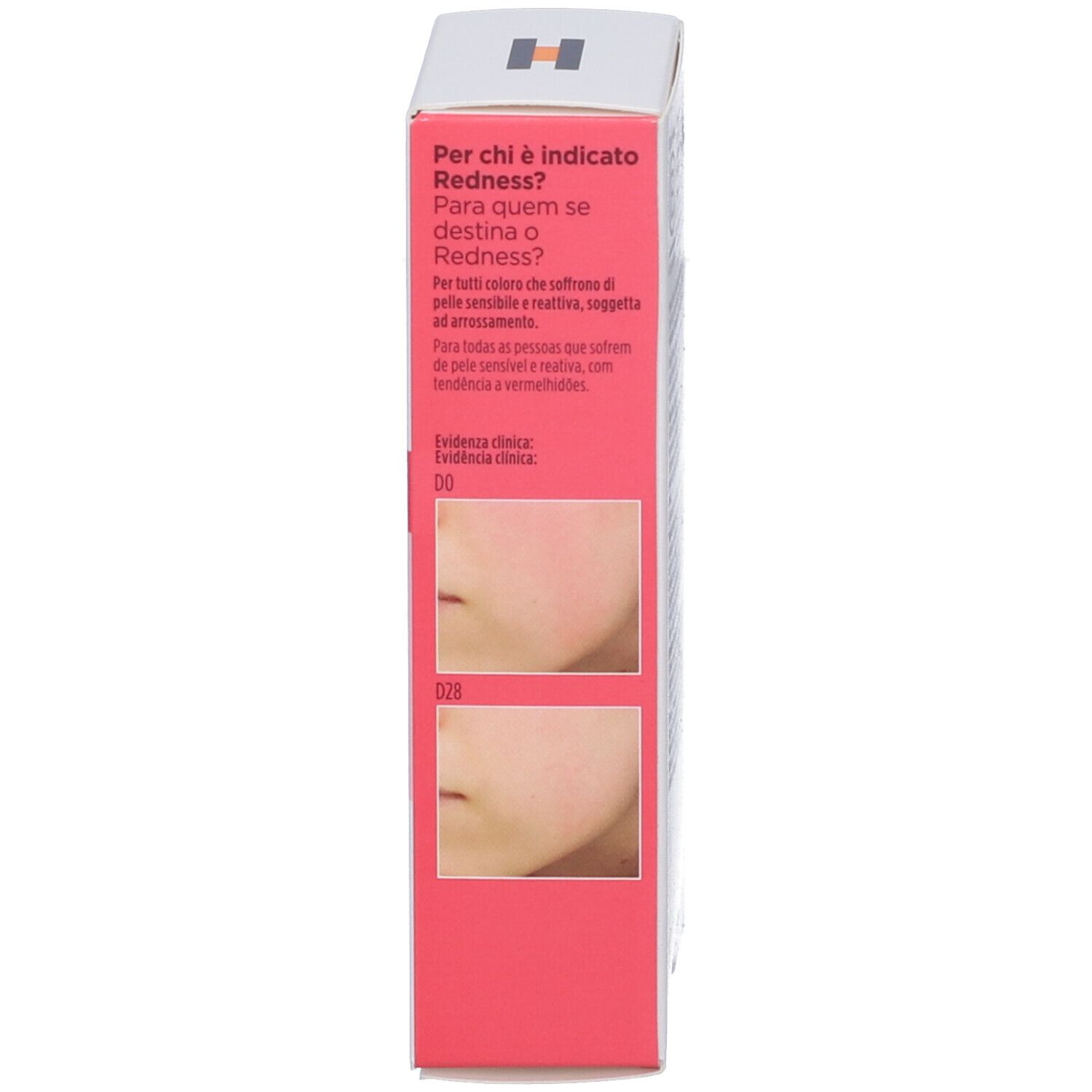 Seite der Kartonverpackung. Text: Für wen ist Redness? Vorher-Nachher-Bilder von Haut.