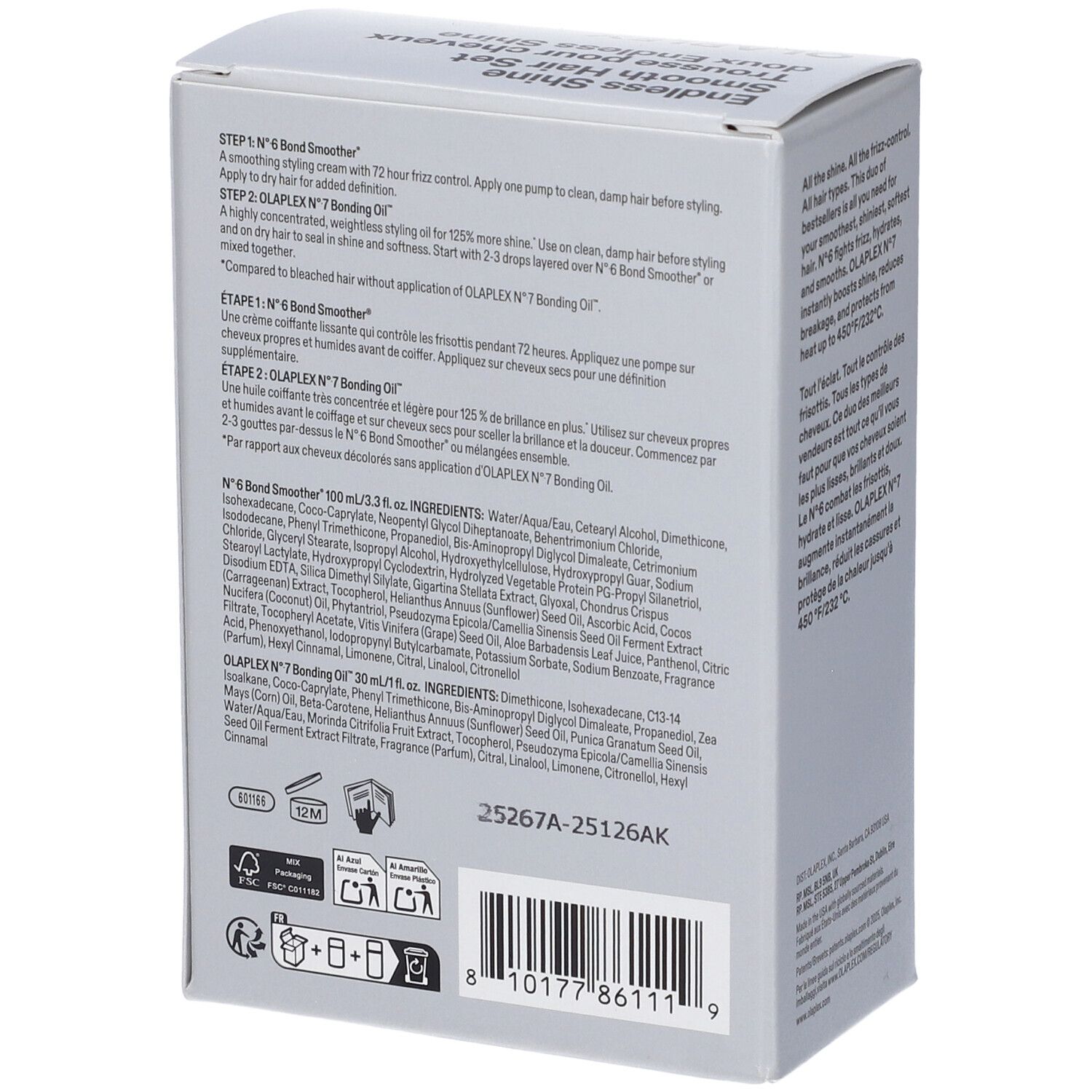 Olaplex N°6 Bond Smoother 100ml und N°7 Bonding Oil 30ml in einer weißen Kartonverpackung mit Produktinformationen und Barcode.