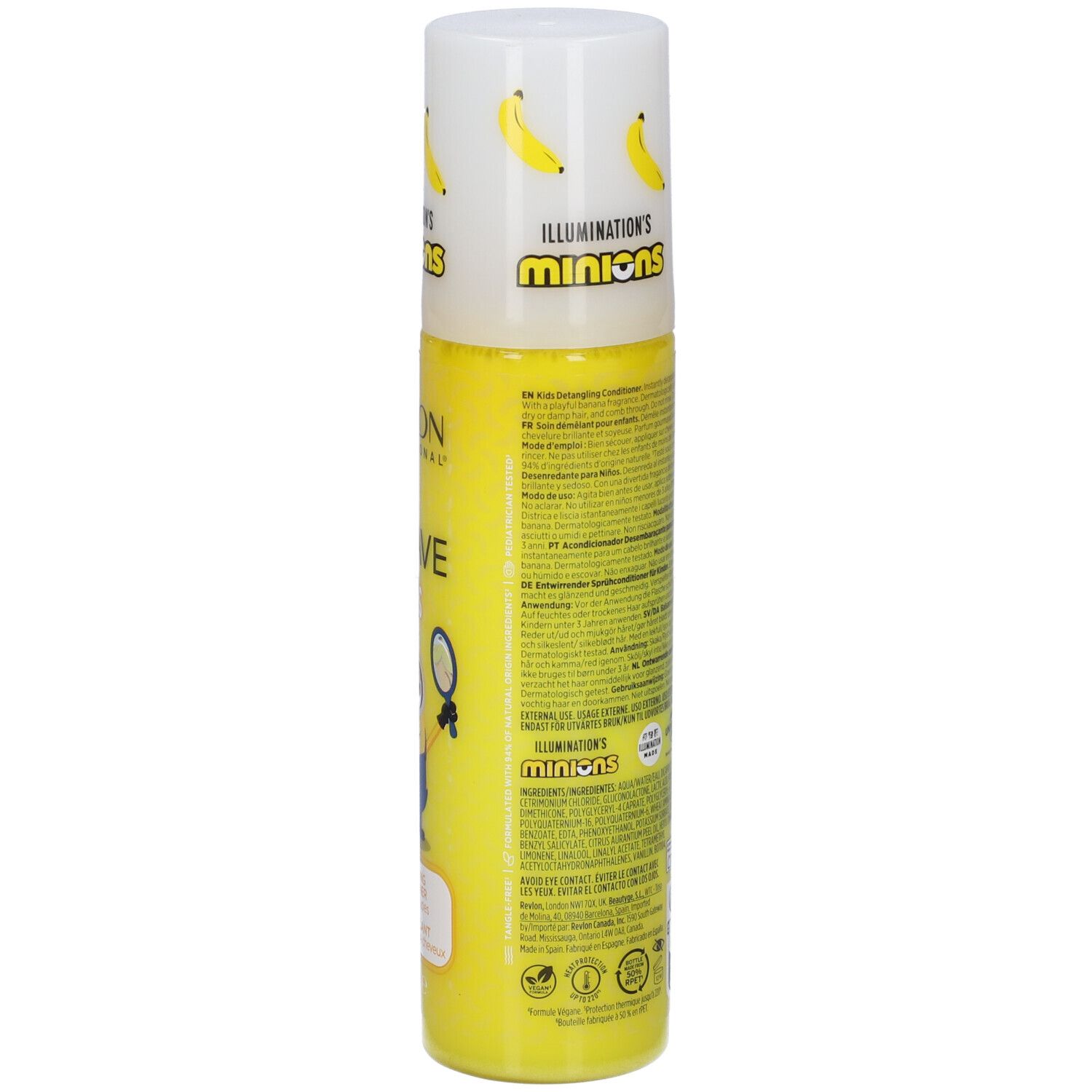 Gelbe Flasche mit Minions-Motiv und Bananen-Aufdruck. Enthält Textinformationen und Siegel.