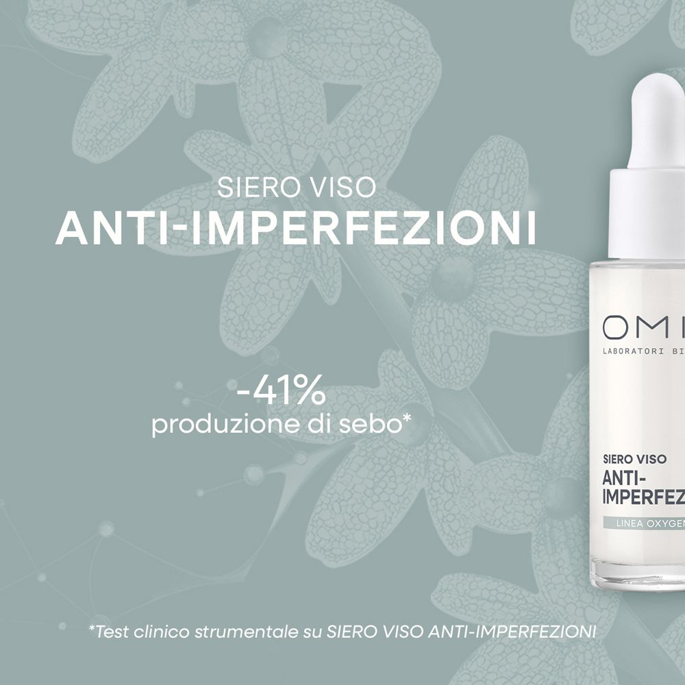 OMIA Siero Viso Anti-Imperfezioni: primo piano del siero su sfondo floreale. Riduce la produzione di sebo del 41%.