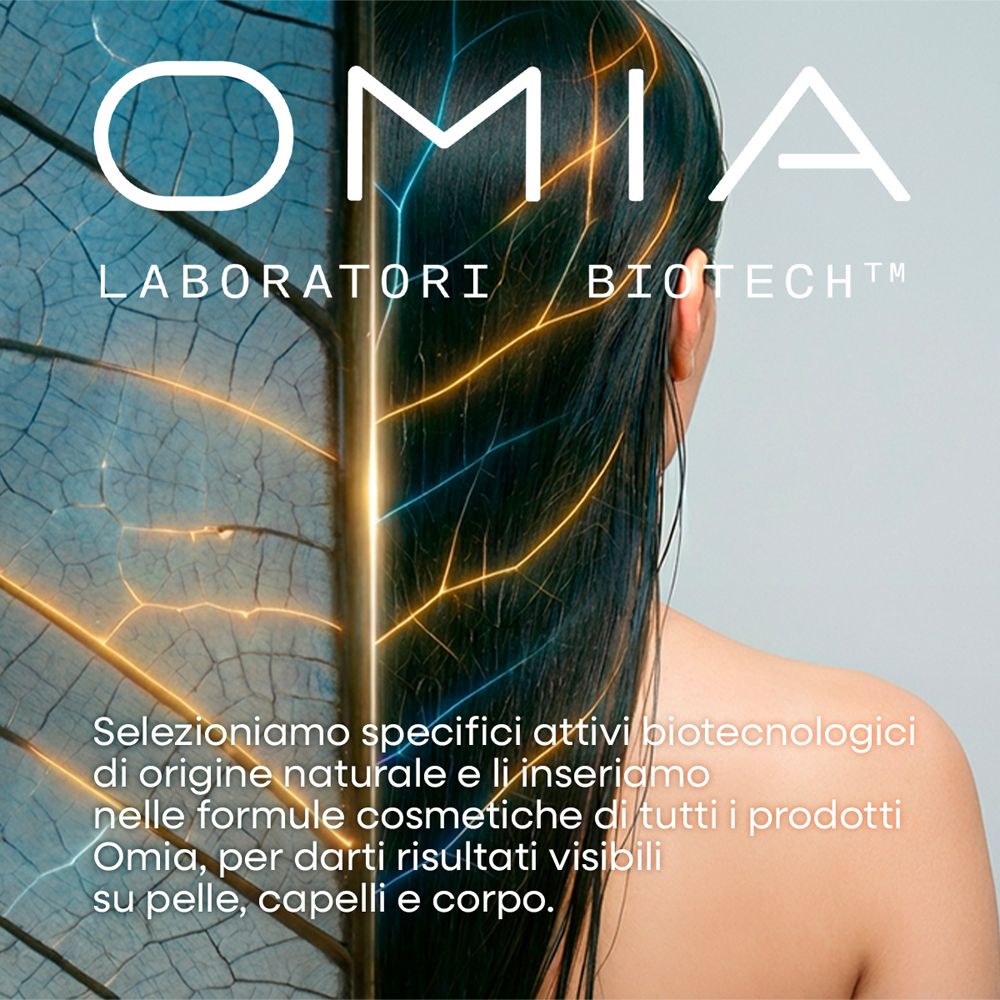 OMIA Laboratori Biotech: vista posteriore di donna con capelli lunghi. Focus su cura pelle, capelli e corpo.