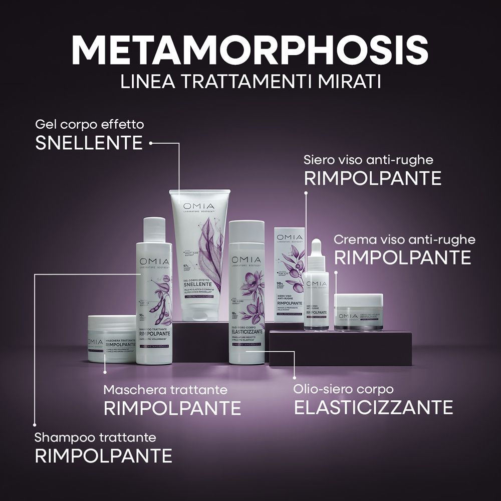 Cosmetici Omia: prodotti per la cura del corpo e del viso in bianco e viola.