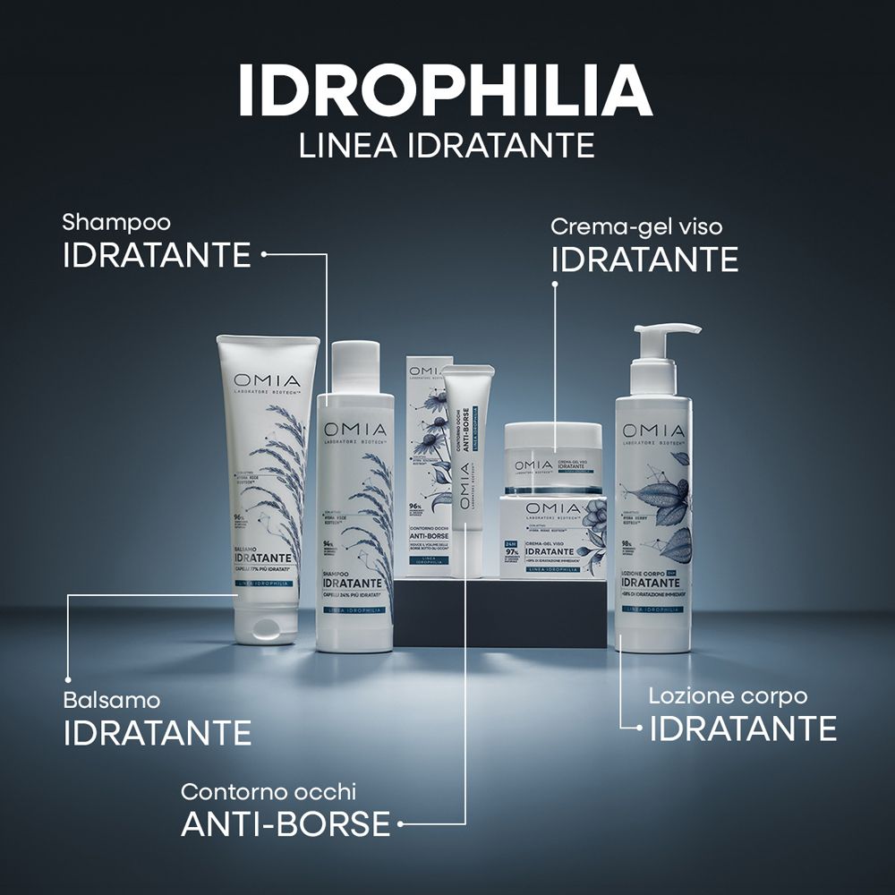 Fünf OMIA Körperpflegeprodukte: Shampoo, Balsam, Augencreme, Gesichtscreme-Gel und Körperlotion.