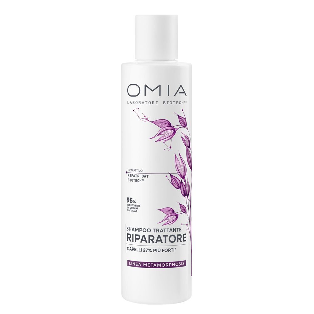 Flacone bianco OMIA Shampoo Trattante Riparatore con disegno di pianta d'avena viola. Contiene 95% di ingredienti di origine naturale.